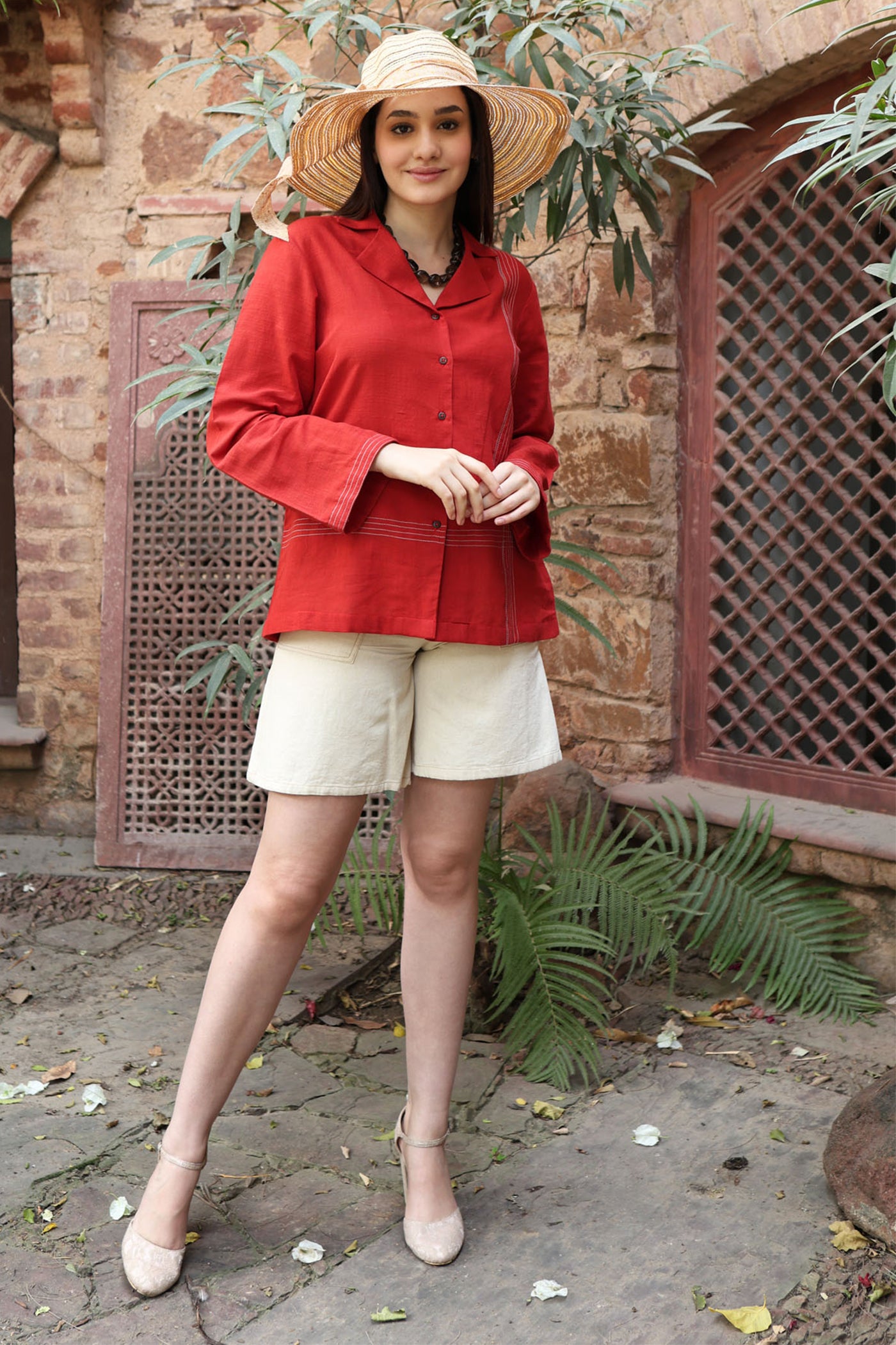 Dusty-Red Handloom Pure Linen-Cotton Collared Front-Open Short Blouse With Thereadwork-Detail