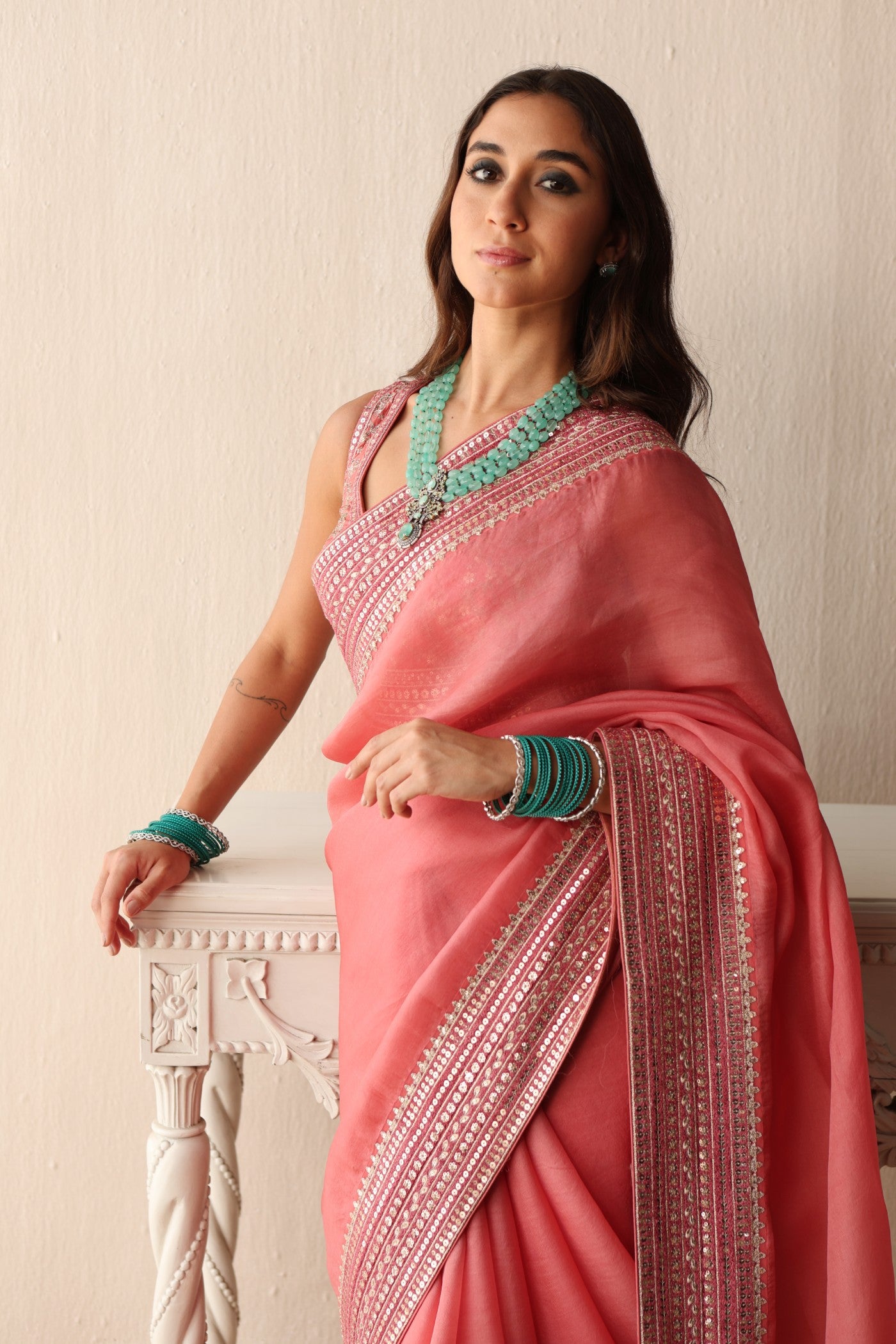 Salmon-Pink Embroidered Pure Silk- Organza Saree-Blouse Set