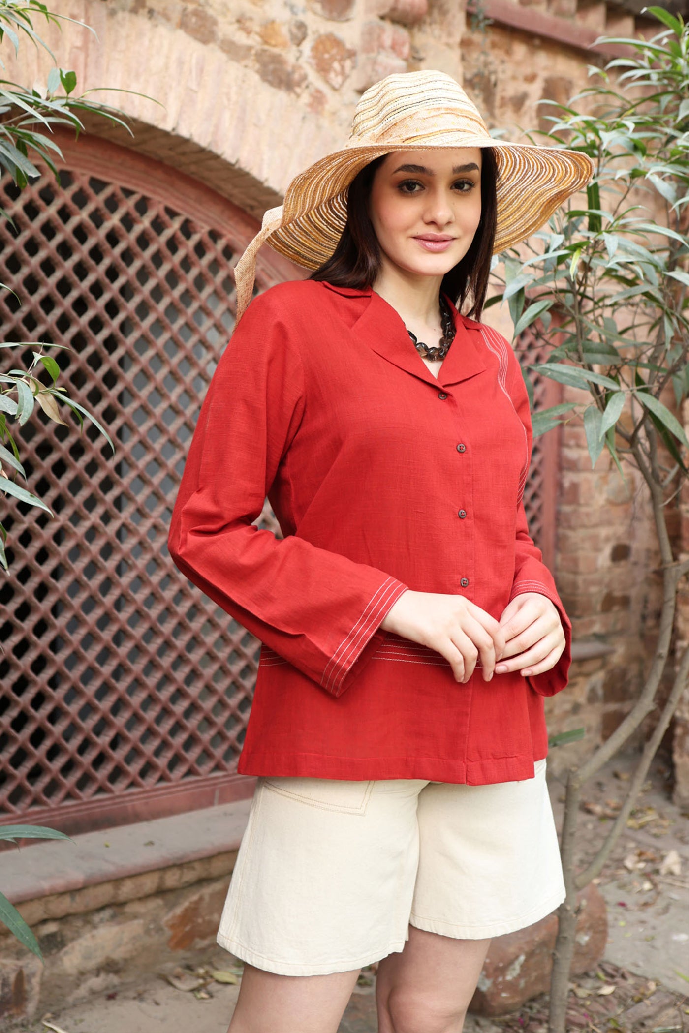 Dusty-Red Handloom Pure Linen-Cotton Collared Front-Open Short Blouse With Thereadwork-Detail
