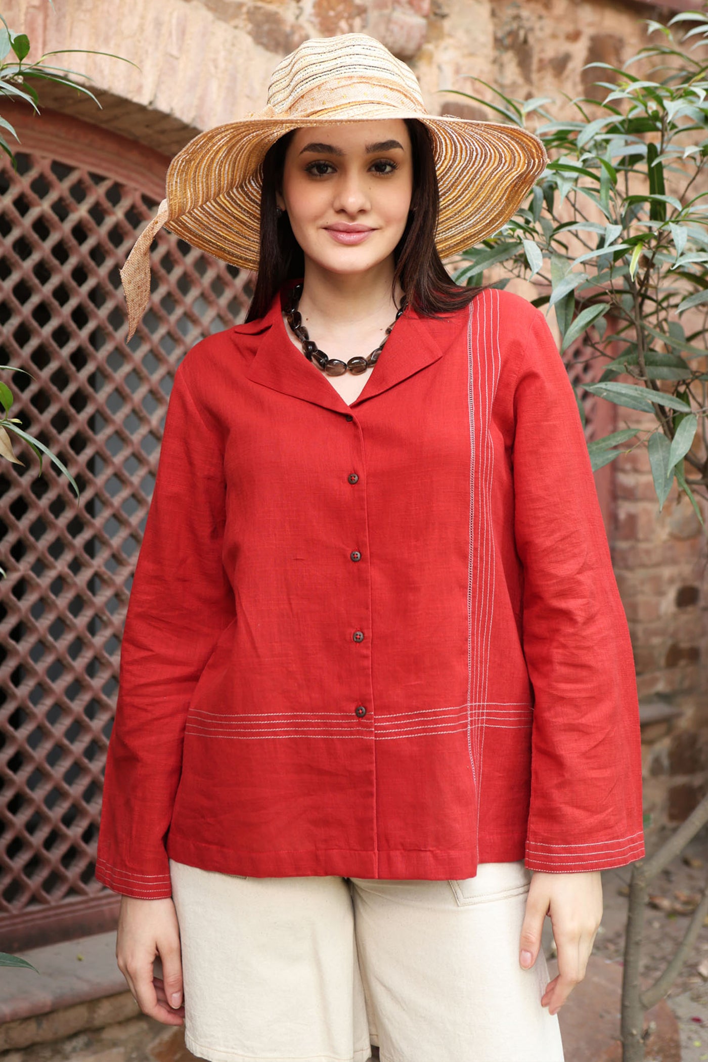 Dusty-Red Handloom Pure Linen-Cotton Collared Front-Open Short Blouse With Thereadwork-Detail