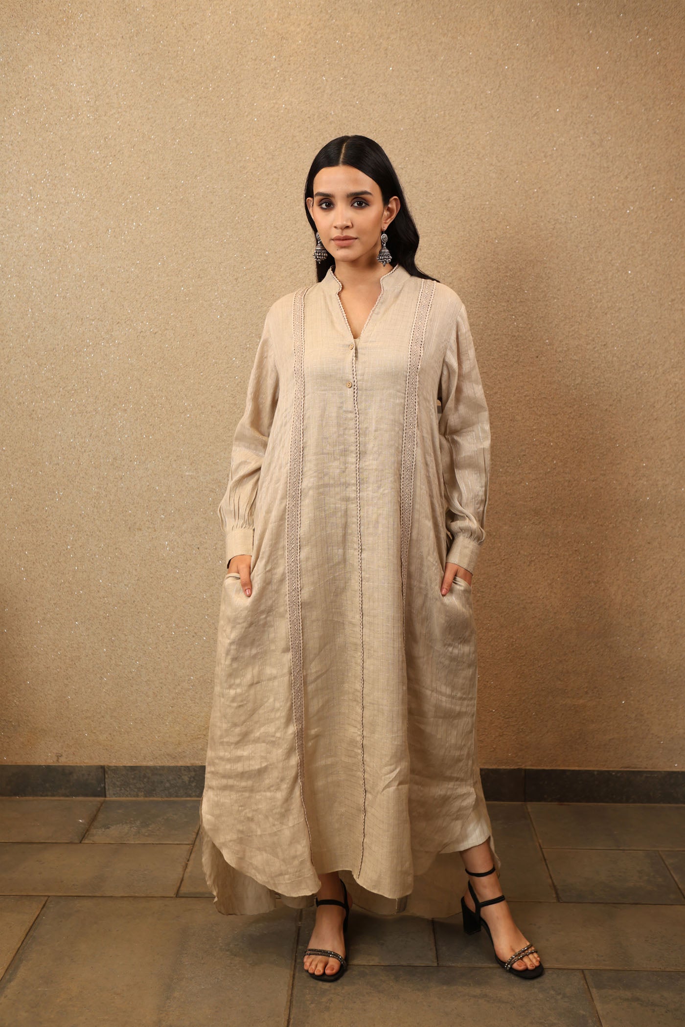 Grey-Beige Pure Linen (With Metallic Checks & Stripes) Collared Long Dress With Cotton Laces