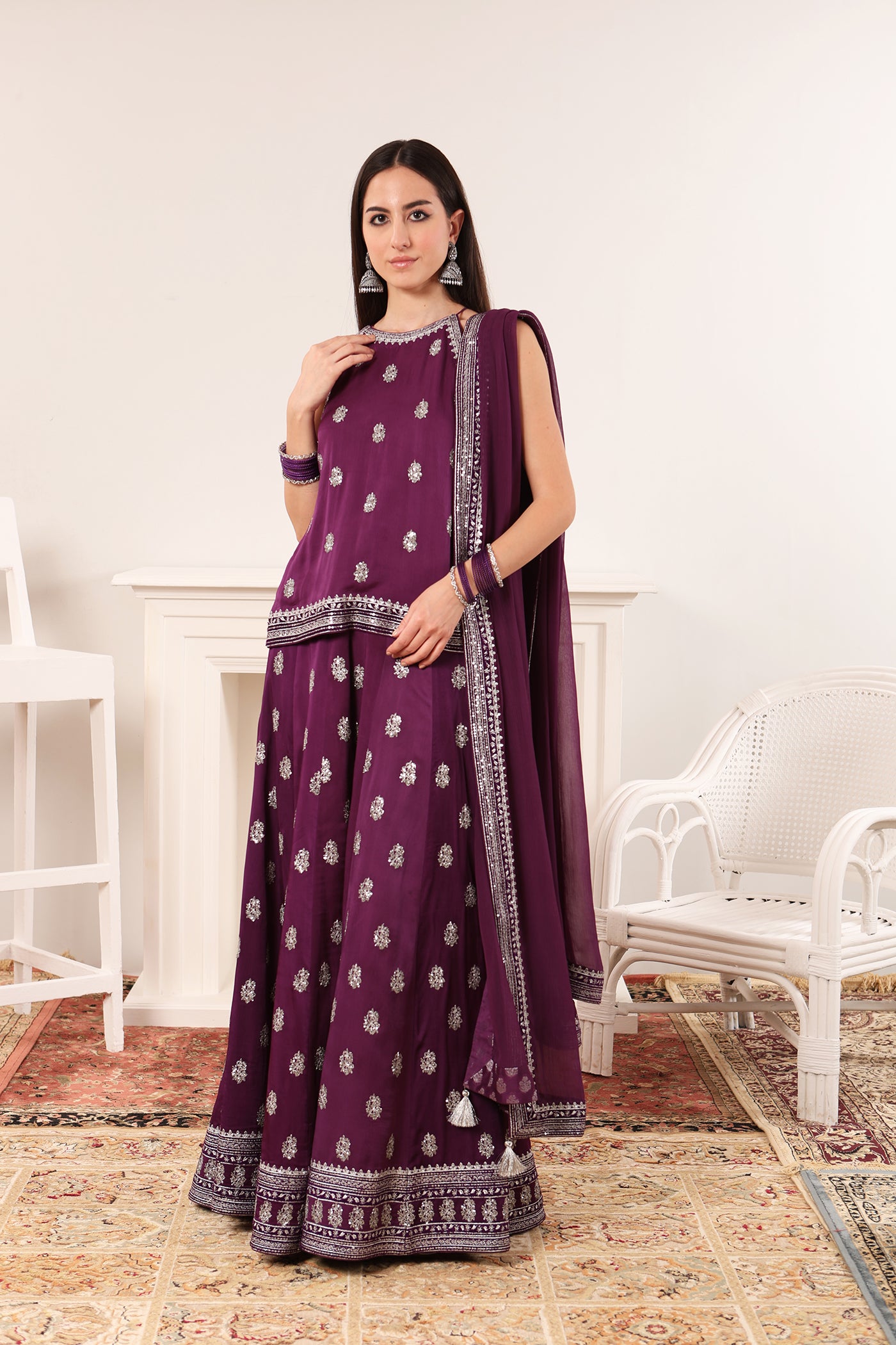 Purple Embroidered Silk-Satin Short-Kurta-Sharara Set Paired With Chiffon Dupatta