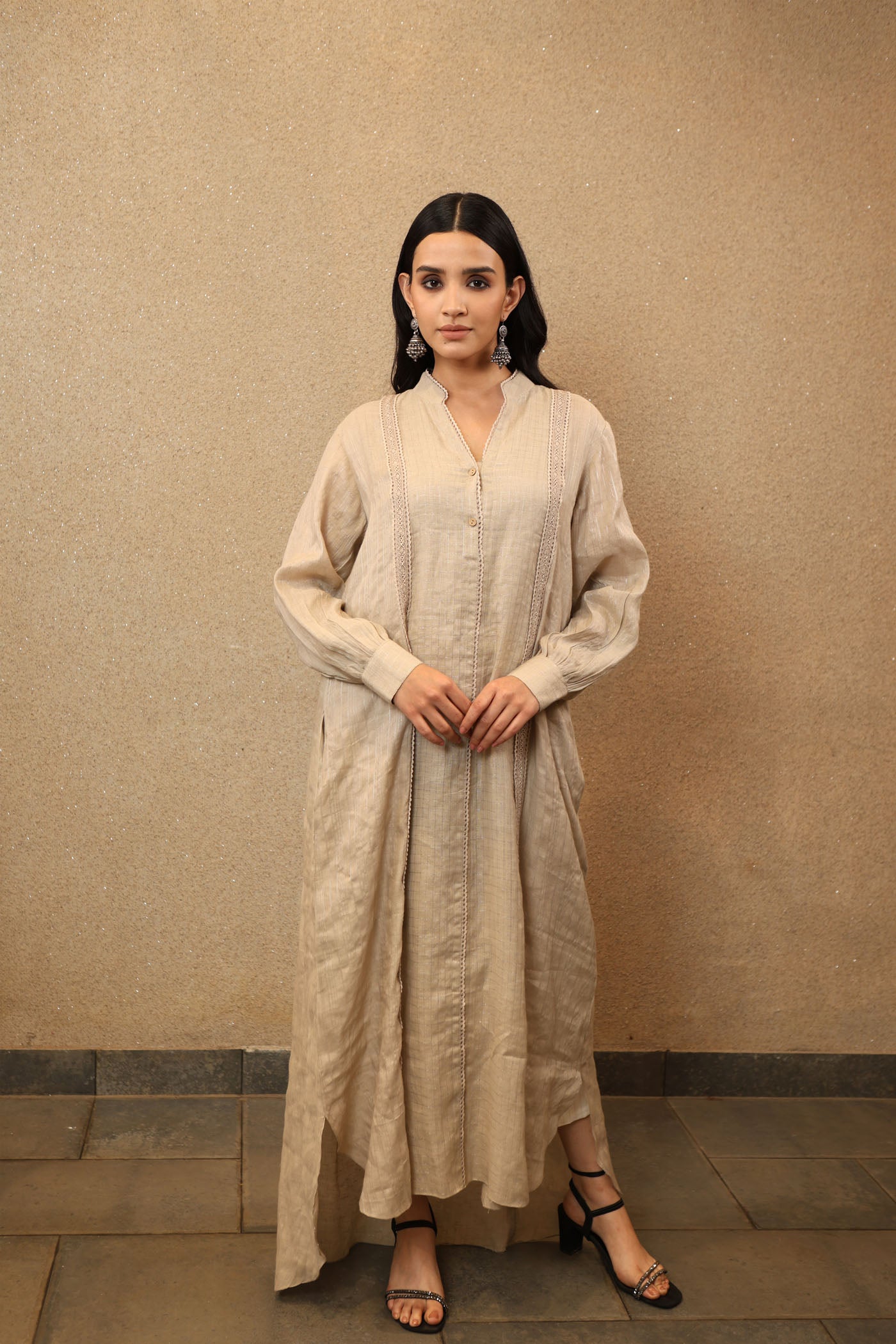 Grey-Beige Pure Linen (With Metallic Checks & Stripes) Collared Long Dress With Cotton Laces