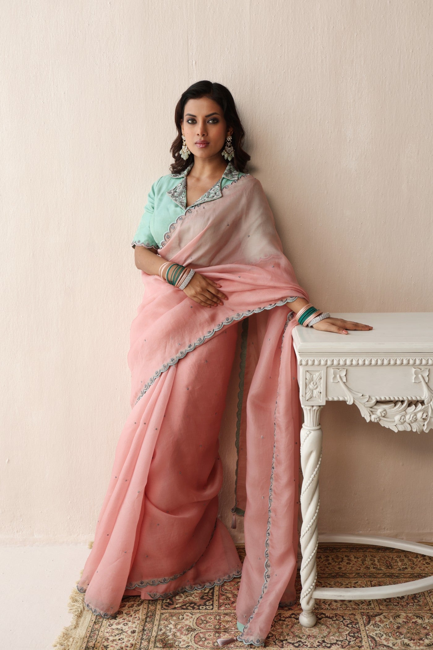 BLOSSOM-PINK HAND-EMBROIDERED PURE SILK-ORGANZA SAREE WITH FERN-GREEN PURE CREPE-SILK BLOUSE SET