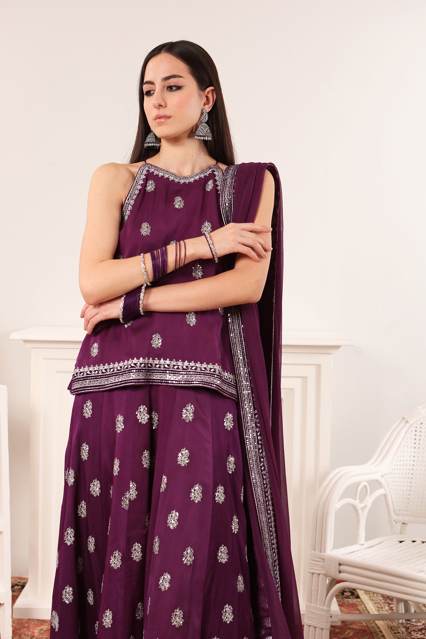 Purple Embroidered Silk-Satin Short-Kurta-Sharara Set Paired With Chiffon Dupatta