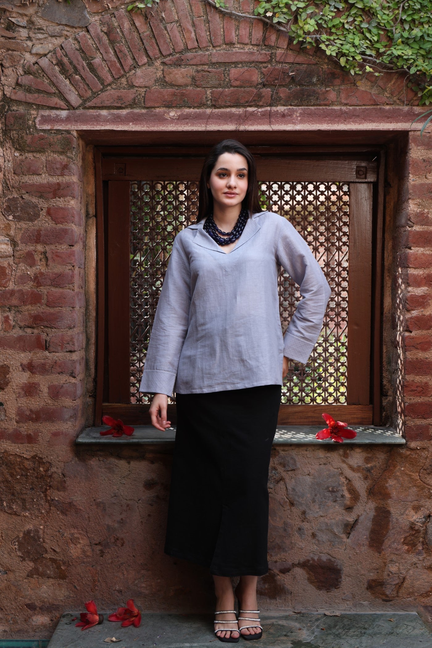 Shadow-Blue Handloom Pure Linen-Cotton Collared Short Tunic With Silk-Cotton Checks Collar And Cuffs