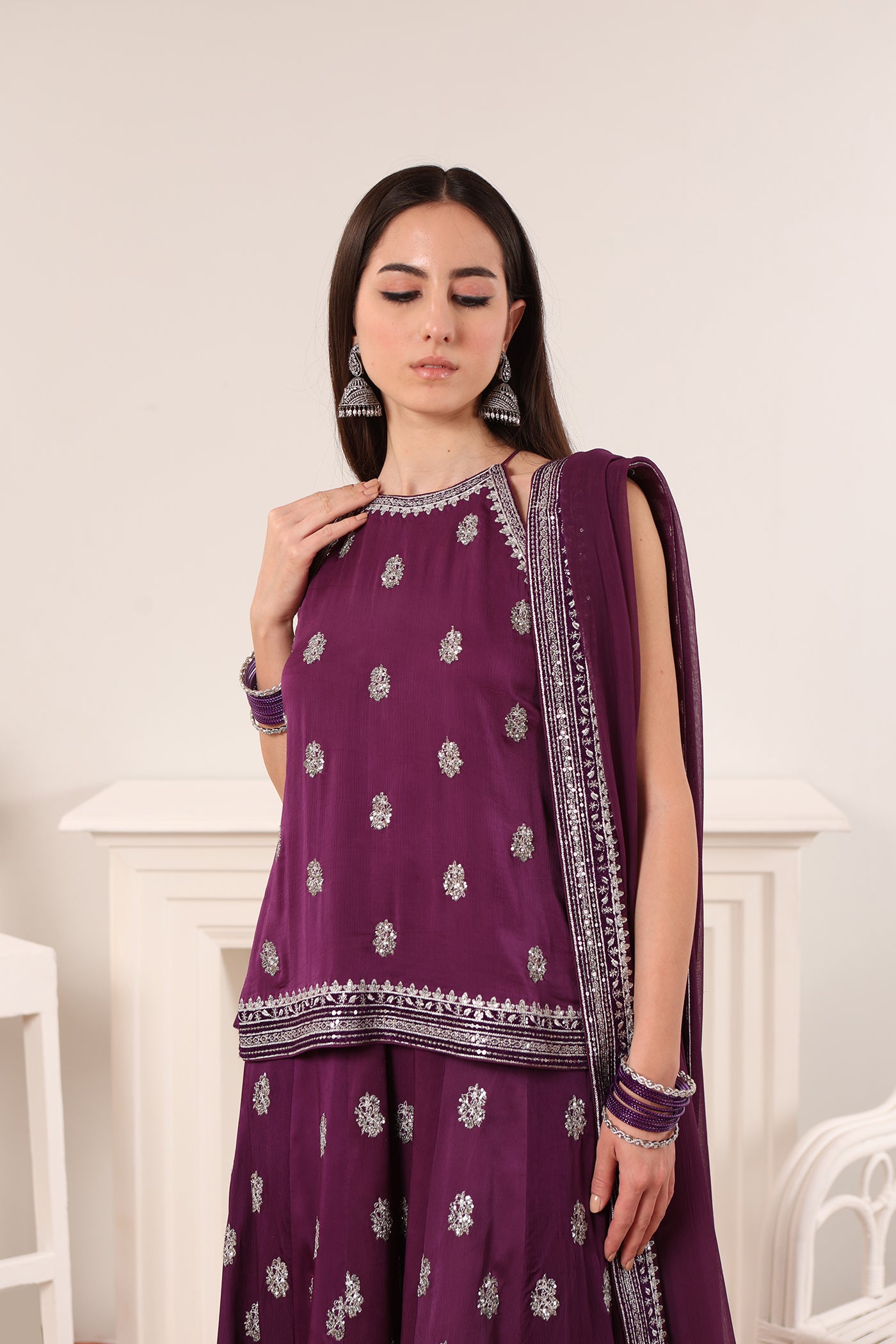 Purple Embroidered Silk-Satin Short-Kurta-Sharara Set Paired With Chiffon Dupatta