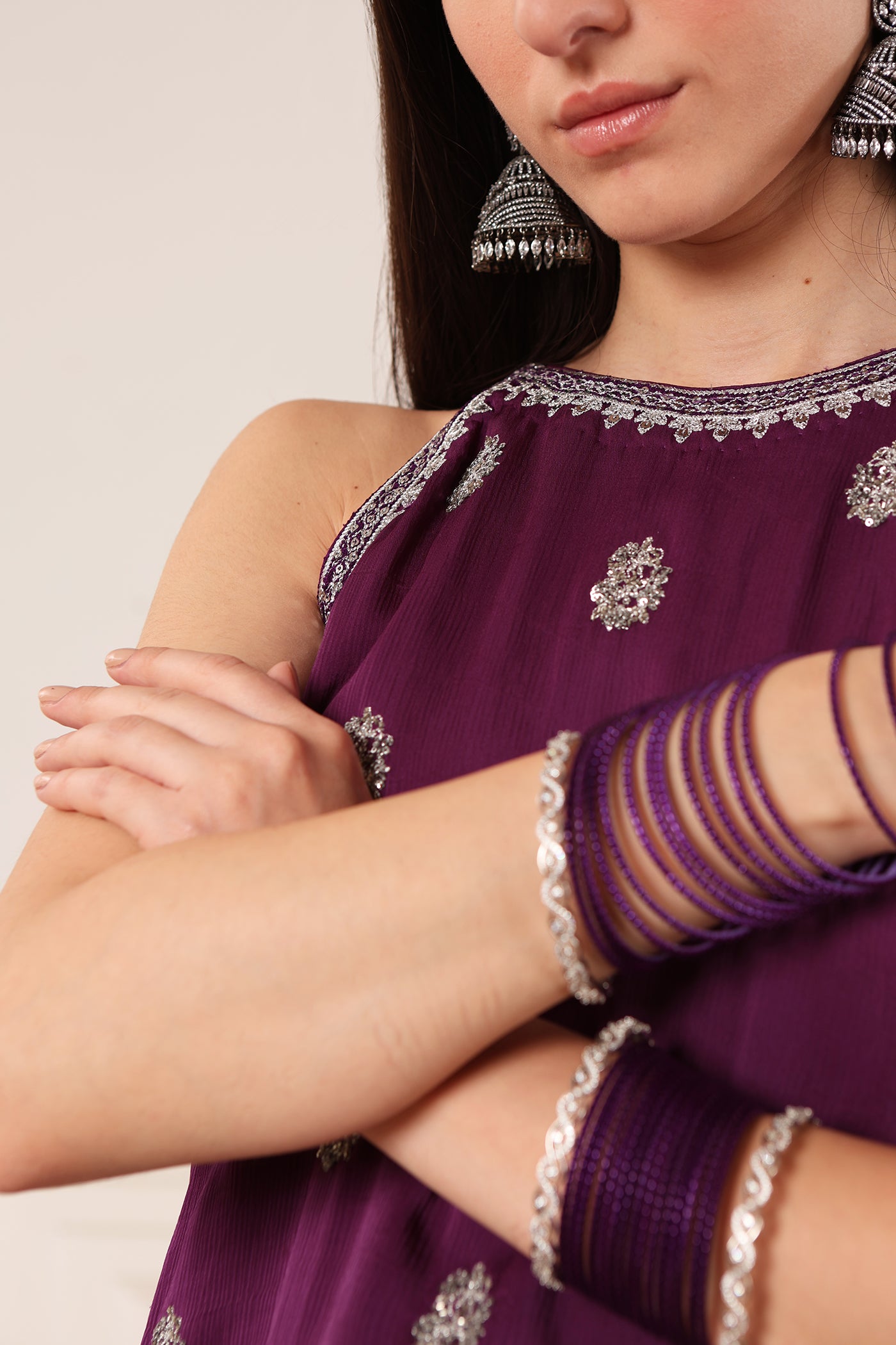 Purple Embroidered Silk-Satin Short-Kurta-Sharara Set Paired With Chiffon Dupatta