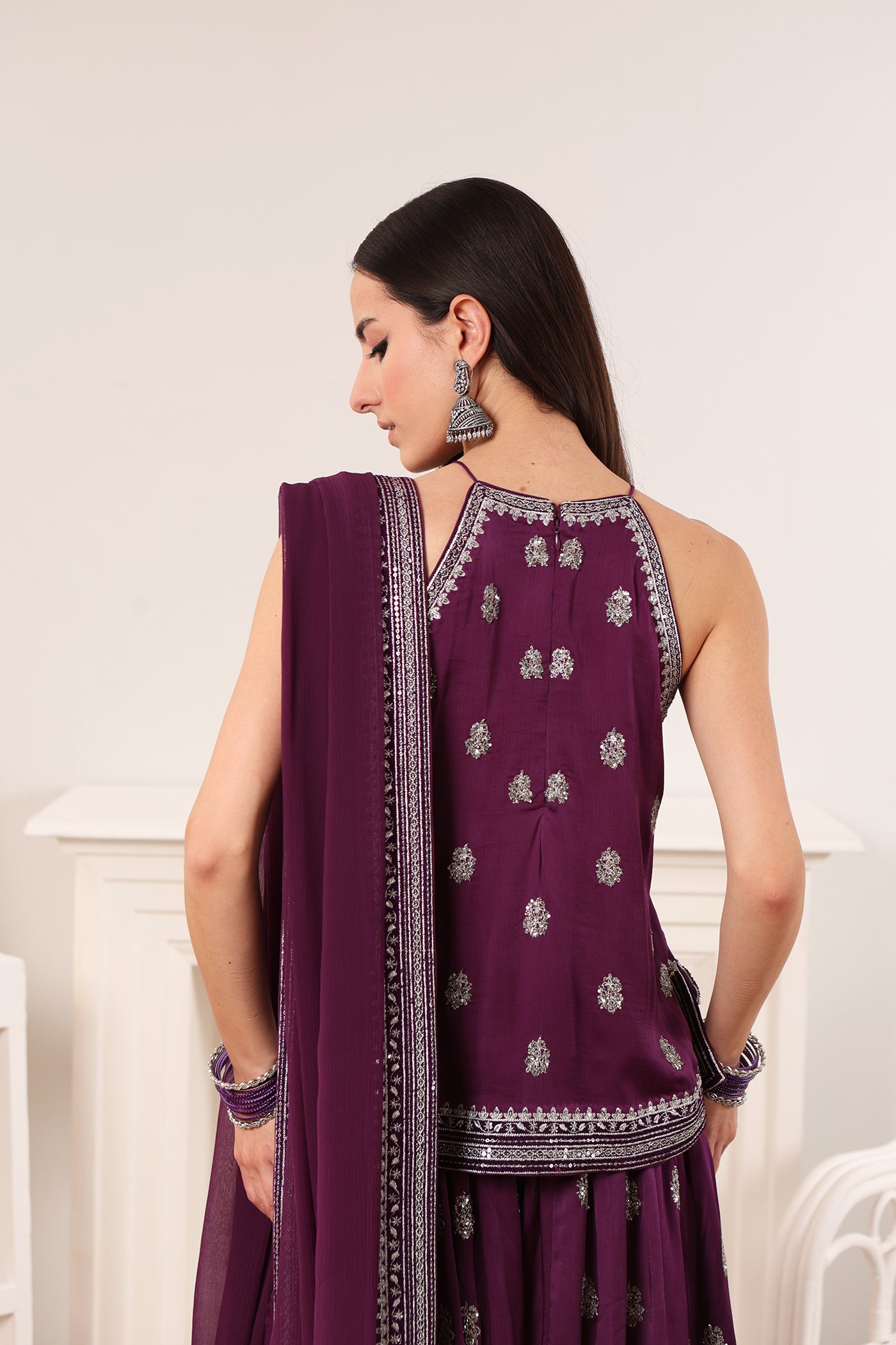 Purple Embroidered Silk-Satin Short-Kurta-Sharara Set Paired With Chiffon Dupatta