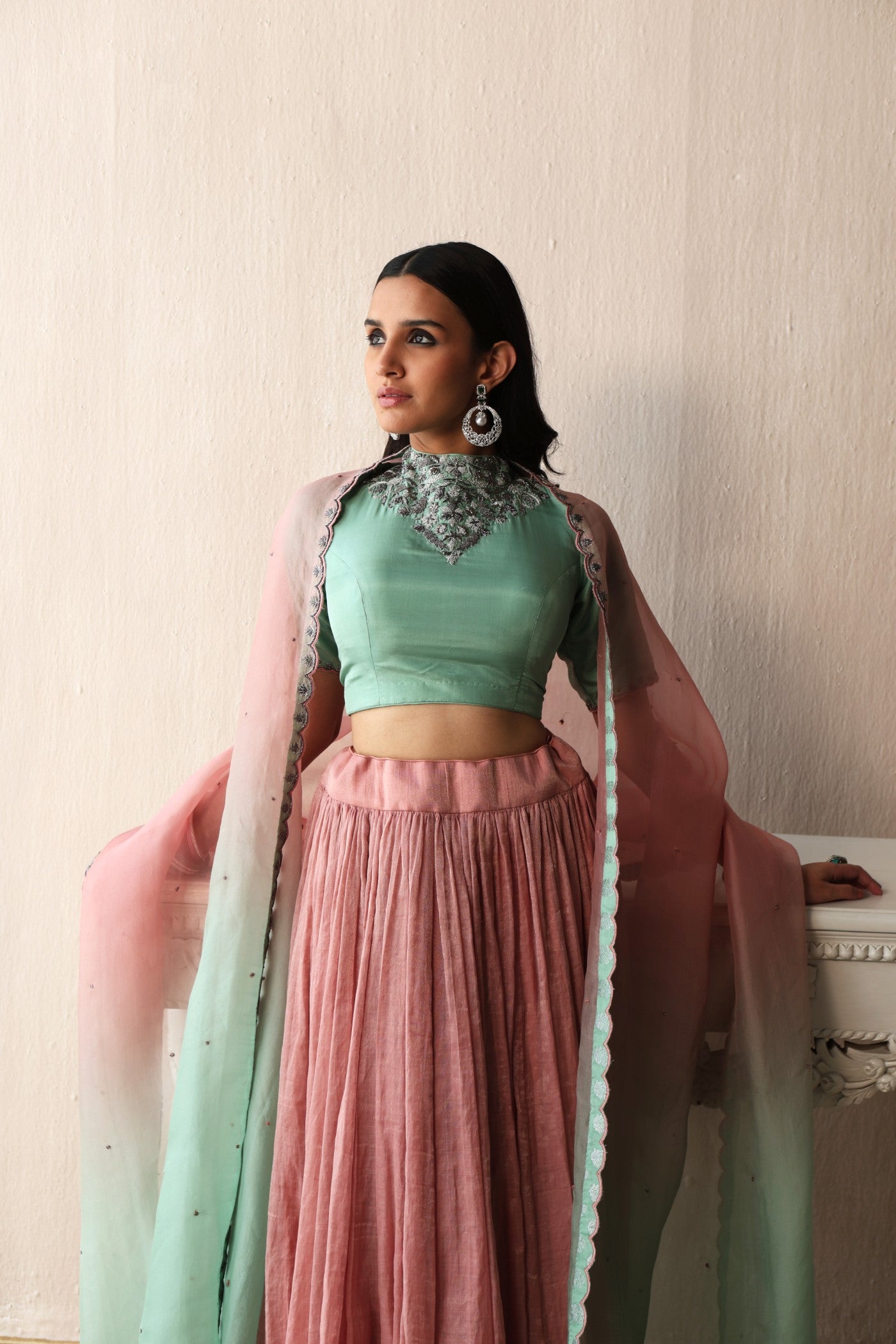 BLOSSOM-PINK HAND-EMBROIDERED PURE SILK-COTTON METALLIC LEHENGA WITH FERN-GREEN PURE SILK BLOUSE PAIRED WITH OMBRE DYED PURE SILK-ORGANZA DUPATTA