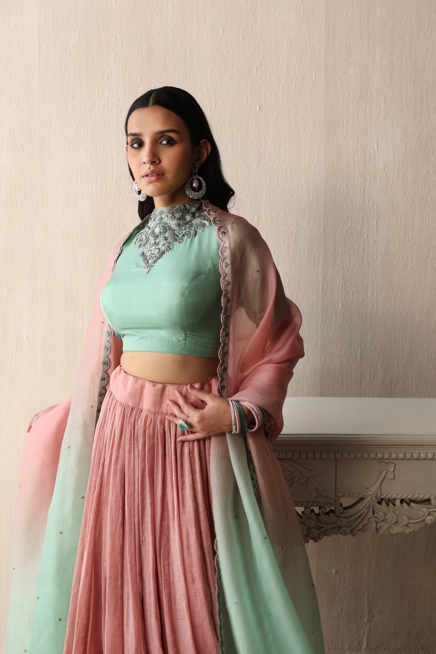 BLOSSOM-PINK HAND-EMBROIDERED PURE SILK-COTTON METALLIC LEHENGA WITH FERN-GREEN PURE SILK BLOUSE PAIRED WITH OMBRE DYED PURE SILK-ORGANZA DUPATTA