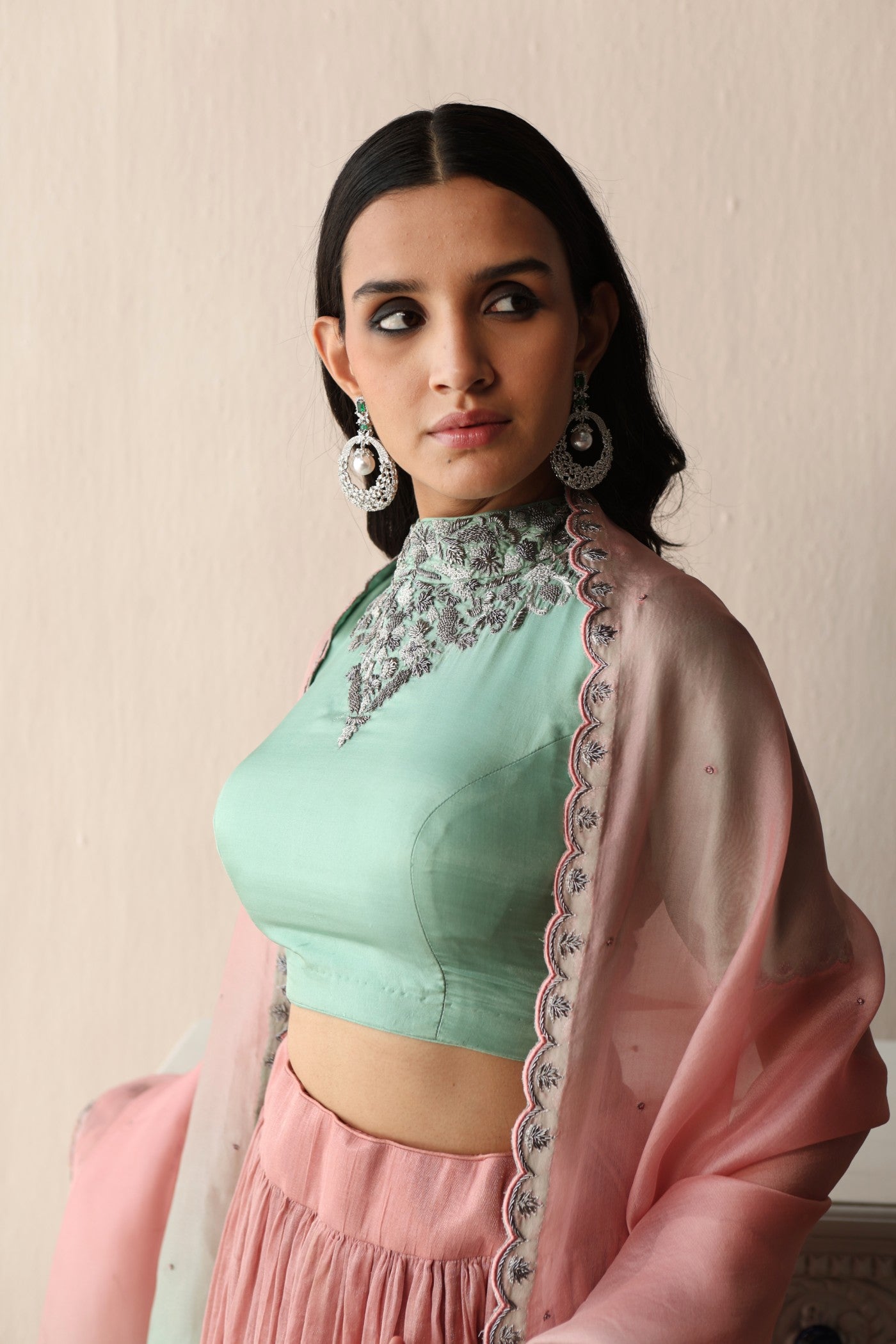 BLOSSOM-PINK HAND-EMBROIDERED PURE SILK-COTTON METALLIC LEHENGA WITH FERN-GREEN PURE SILK BLOUSE PAIRED WITH OMBRE DYED PURE SILK-ORGANZA DUPATTA