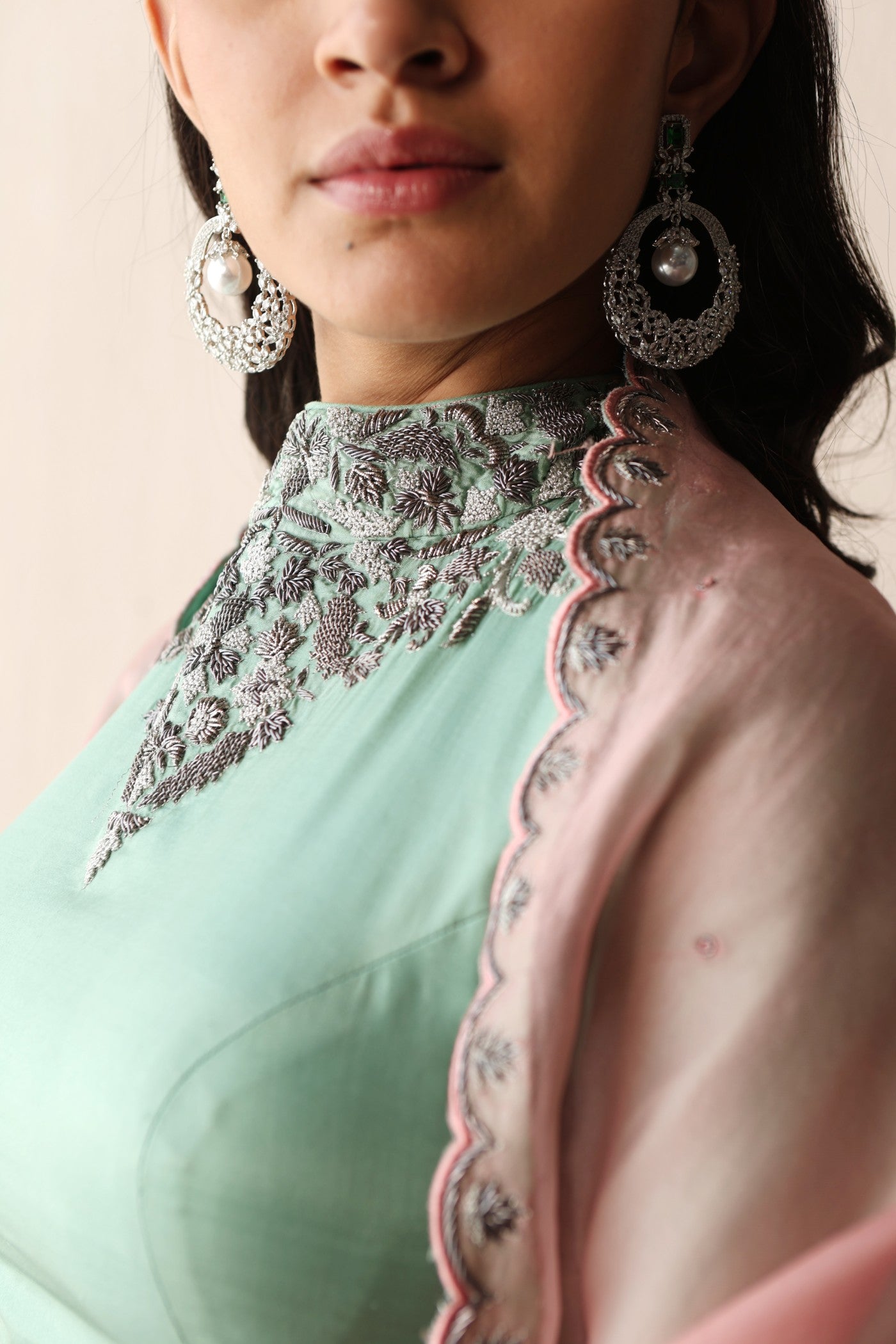 BLOSSOM-PINK HAND-EMBROIDERED PURE SILK-COTTON METALLIC LEHENGA WITH FERN-GREEN PURE SILK BLOUSE PAIRED WITH OMBRE DYED PURE SILK-ORGANZA DUPATTA