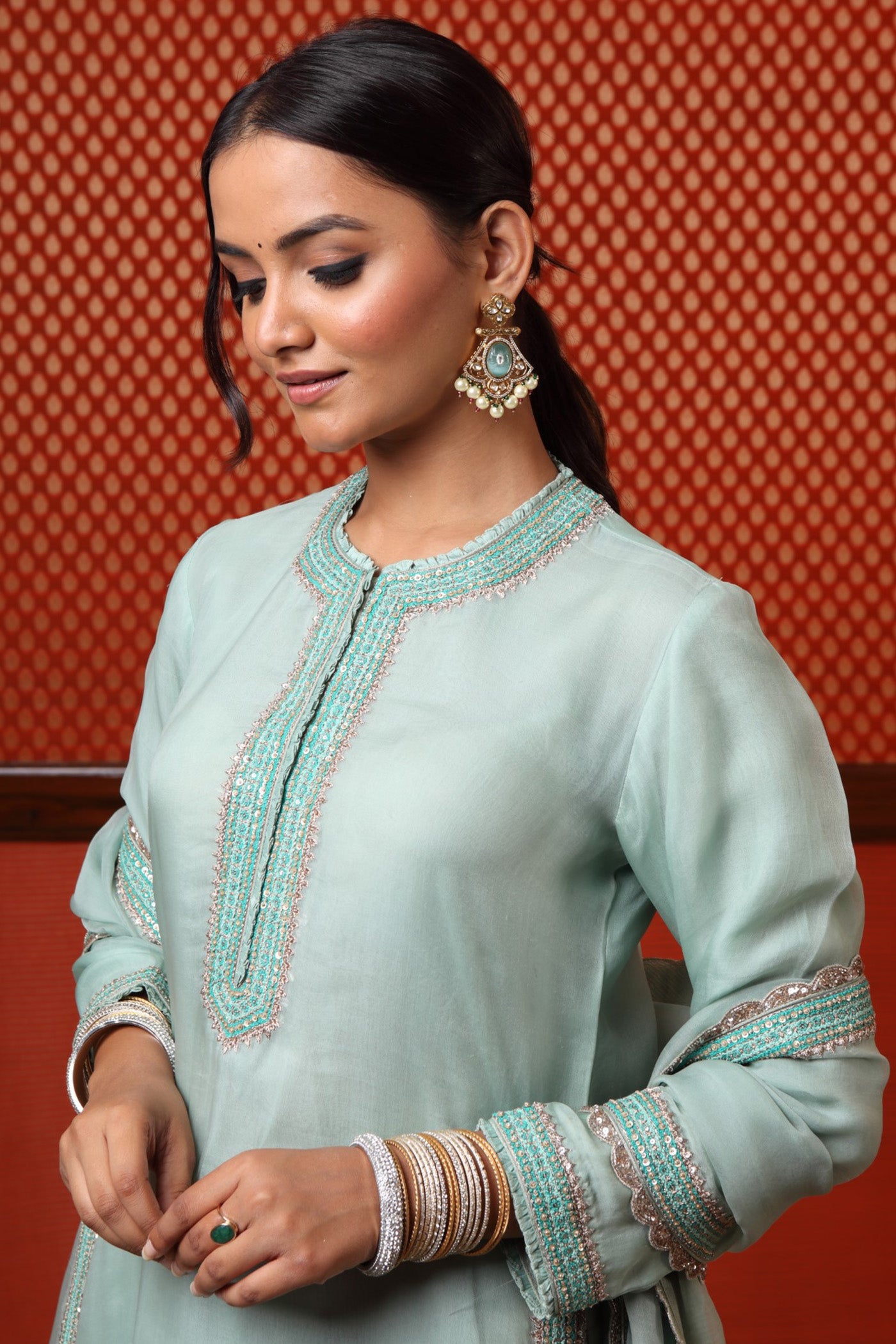 Hand Embroidered Lichen Green Pure Katan Silk Kurta Pants Set