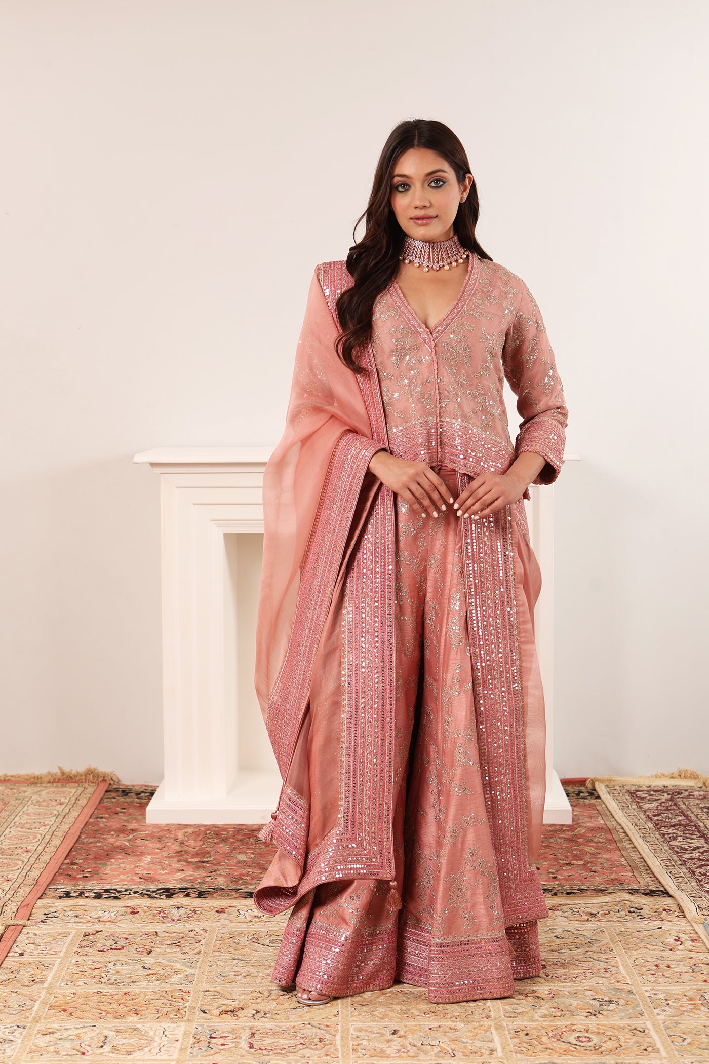 Dusty-Peach Embroidered Pure Silk- Organza Short-Kurta-Sharara Set