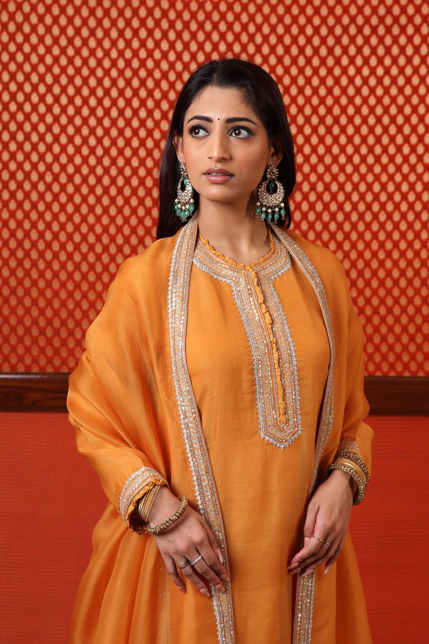 Hand Embroidered Mango Yellow Pure Katan Silk Kurta Salwar Set