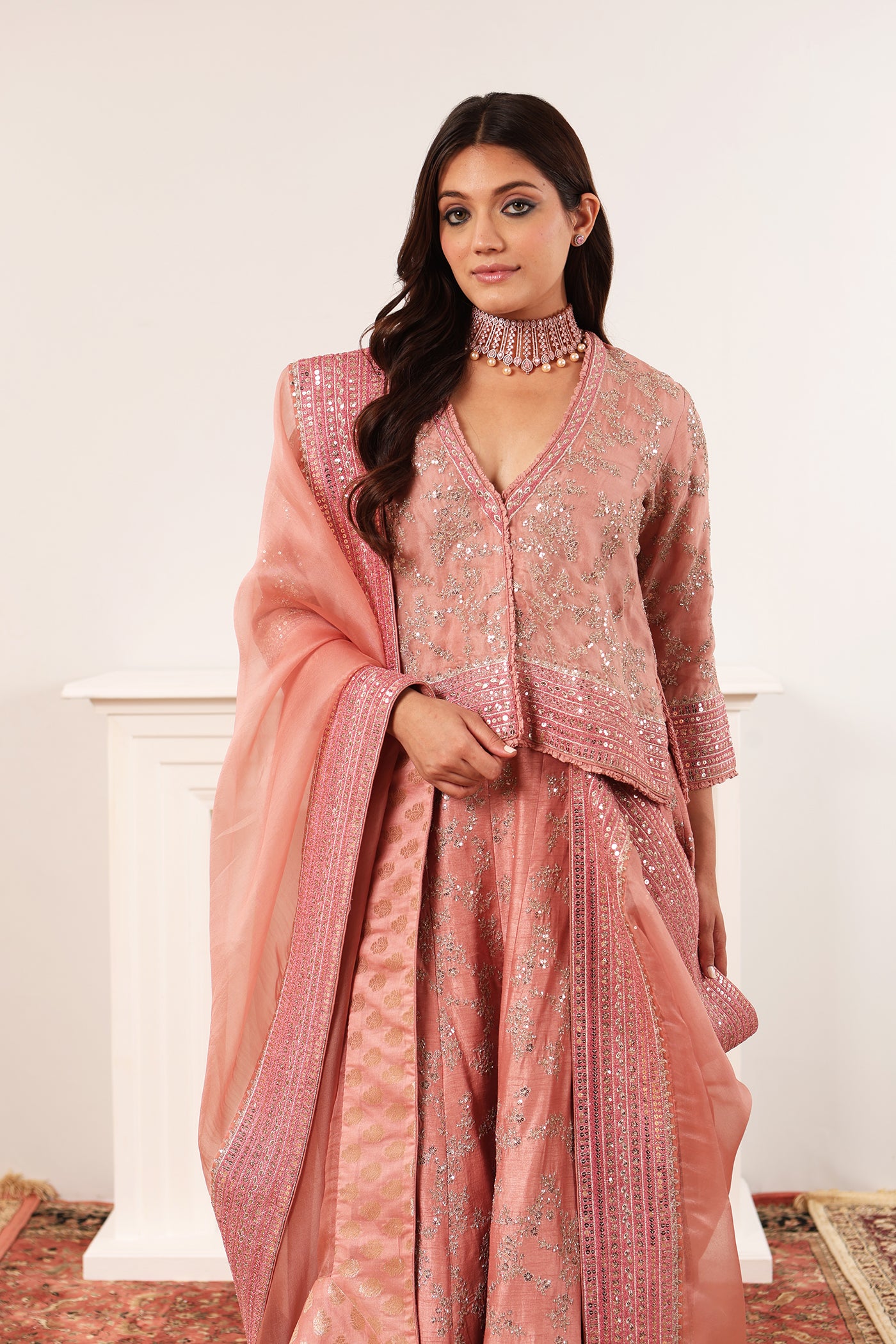 Dusty-Peach Embroidered Pure Silk- Organza Short-Kurta-Sharara Set