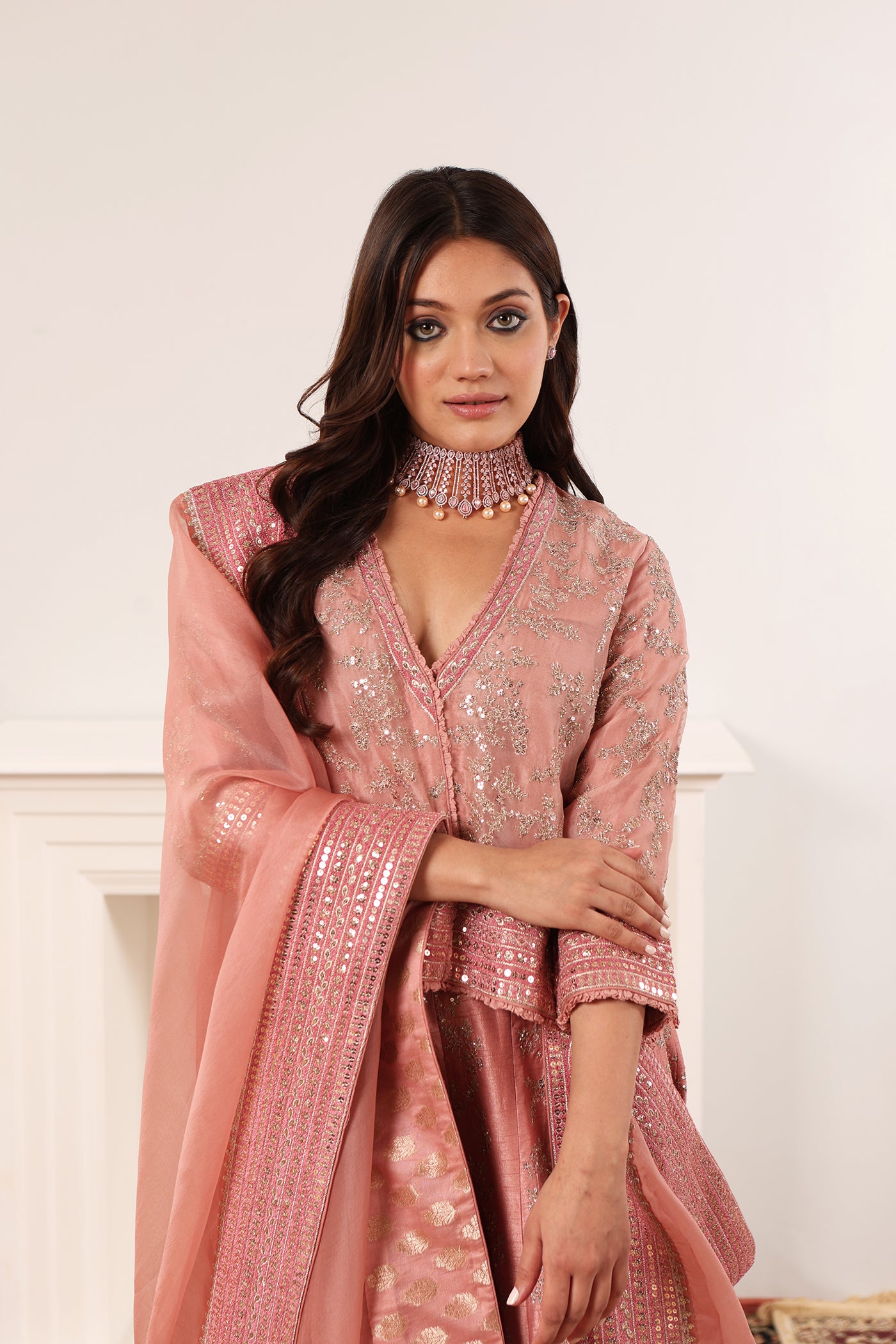 Dusty-Peach Embroidered Pure Silk- Organza Short-Kurta-Sharara Set