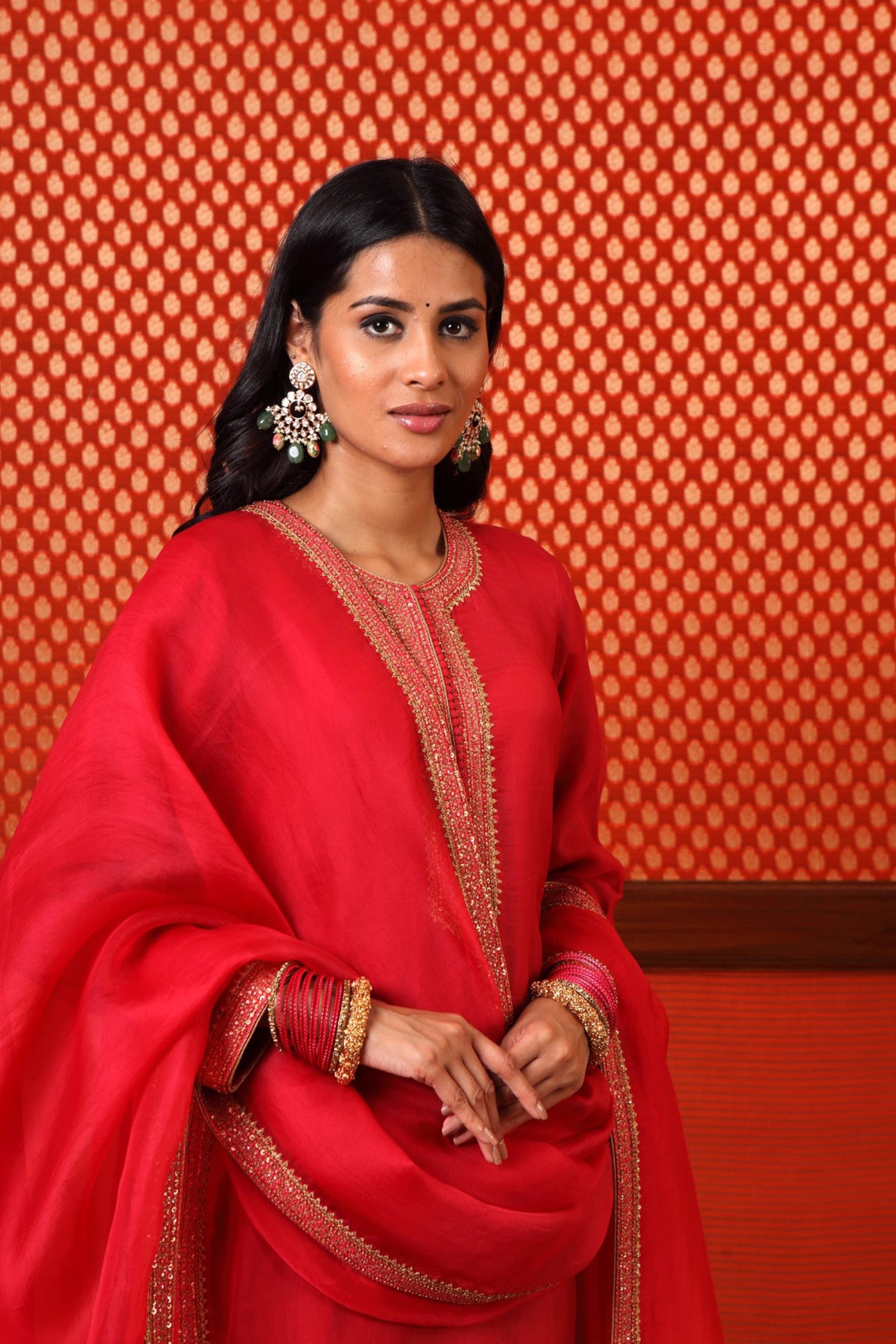 Hand Embroidered Red Pure Katan Silk Kurta Churidaar Set