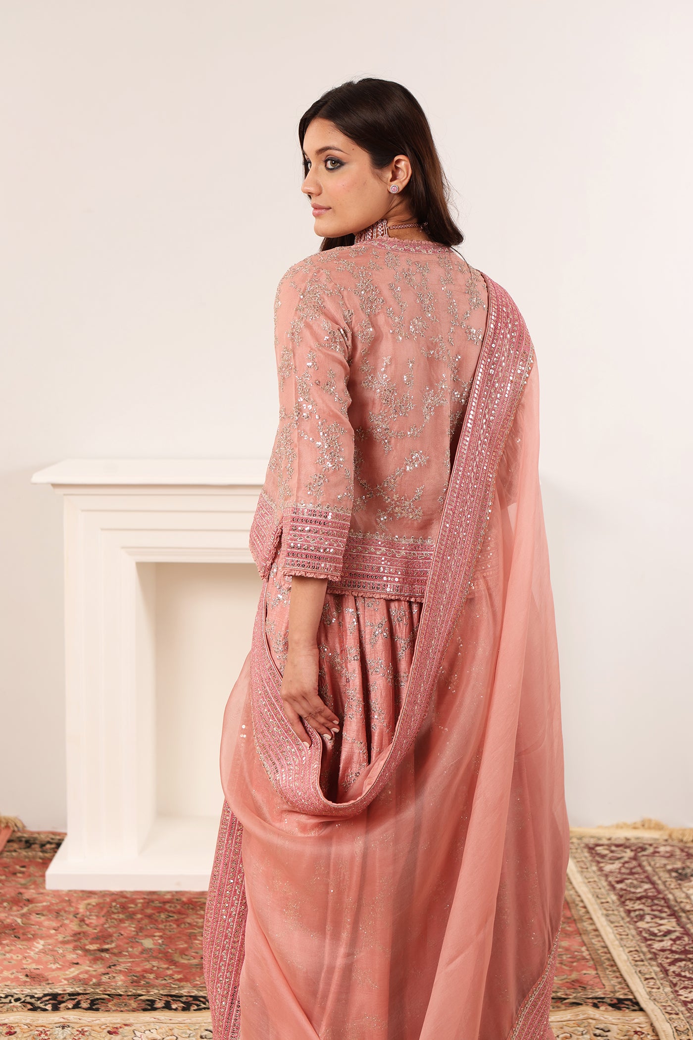 Dusty-Peach Embroidered Pure Silk- Organza Short-Kurta-Sharara Set