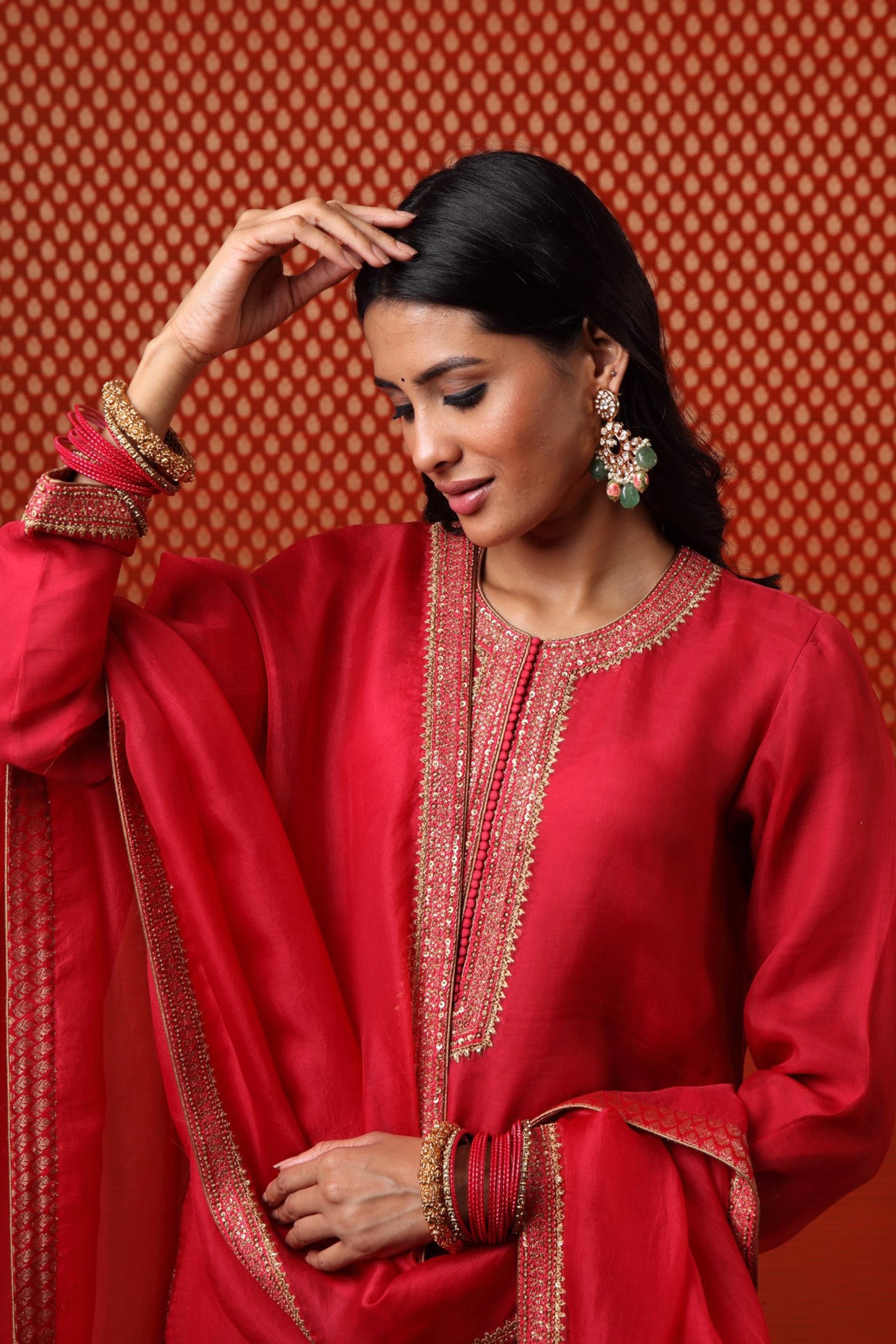 Hand Embroidered Red Pure Katan Silk Kurta Churidaar Set