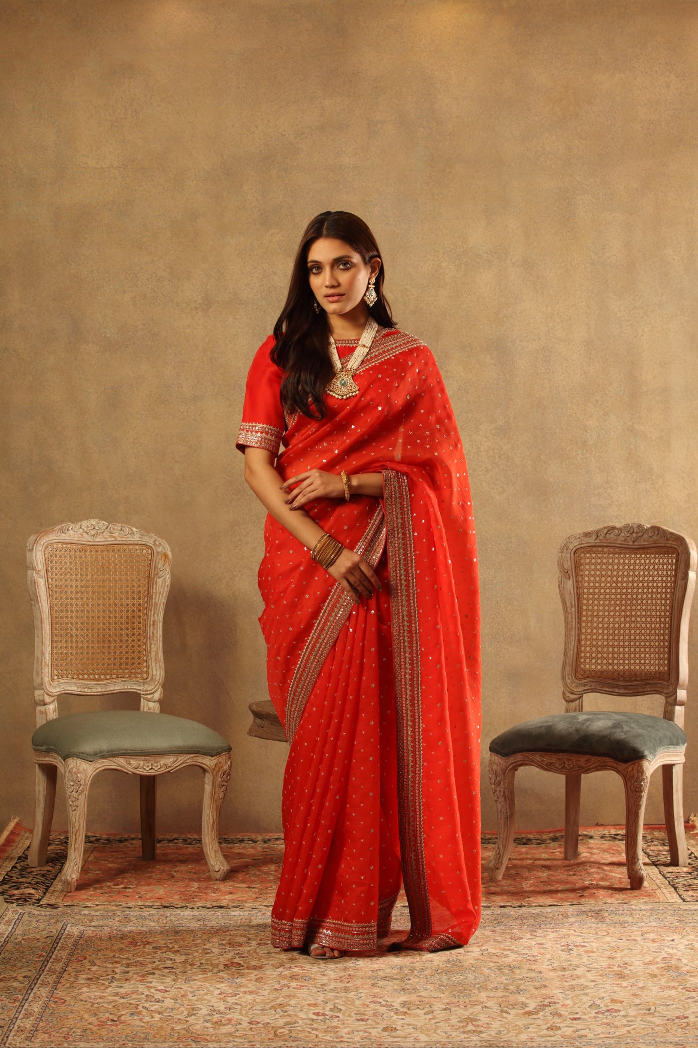 Hand Embroidered Deep Red Pure Silk Organza Saree Blouse Set
