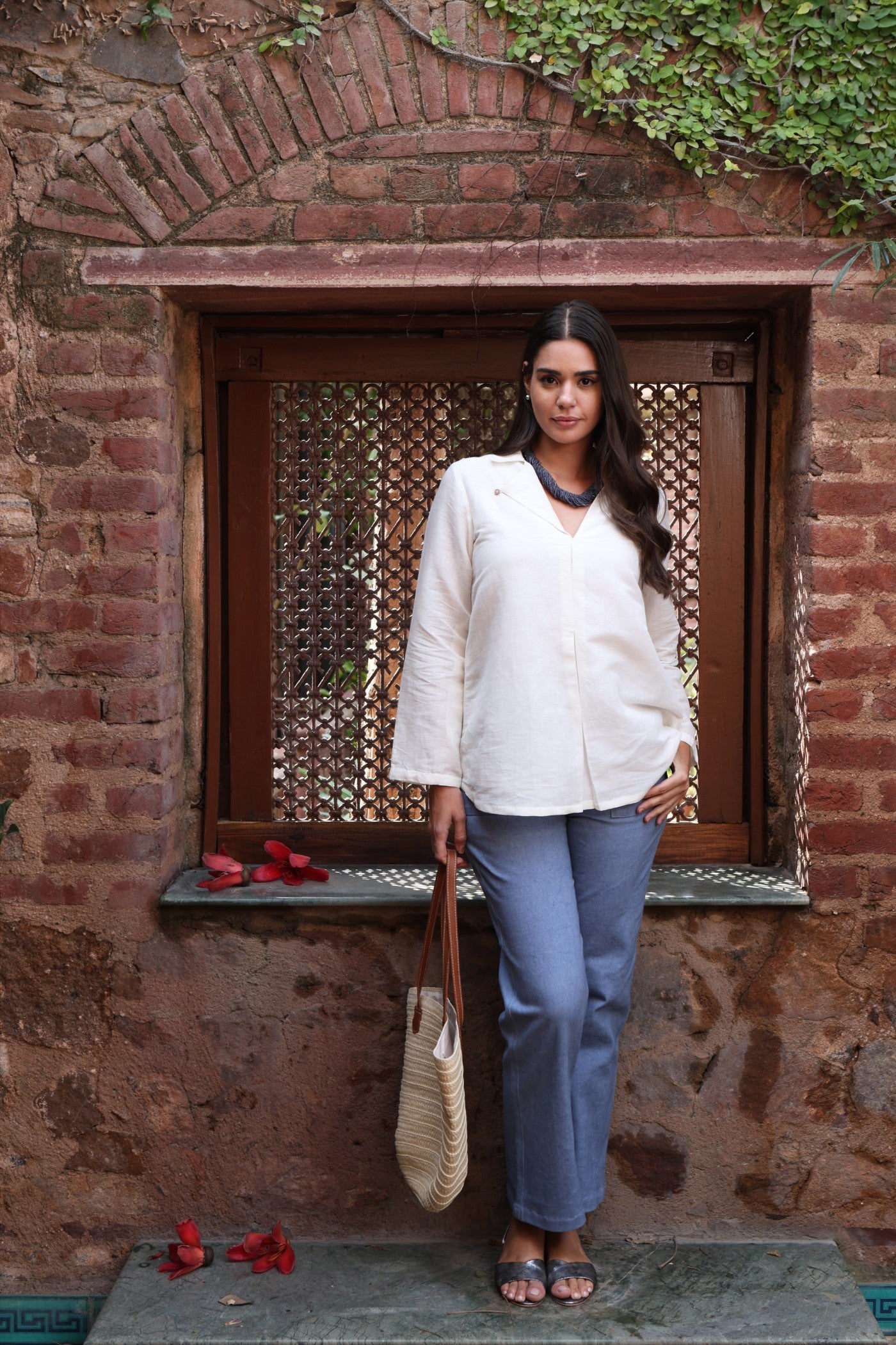 Ivory Handloom Pure Linen-Cotton Collared Short Tunic