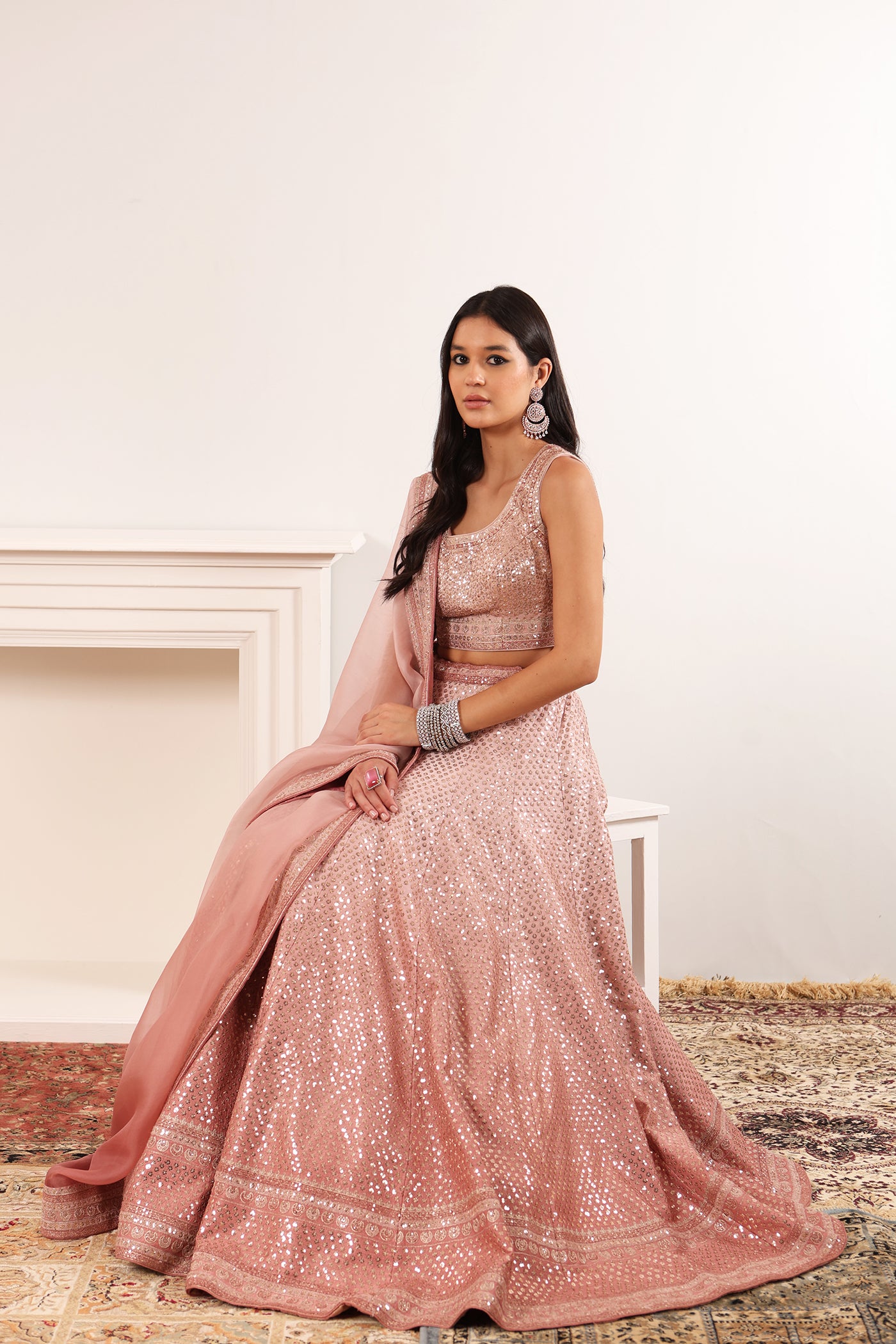Dusty-Pink (Ombre Dyed) Embroidered Chaand-Buta Lehenga-Set With Blouse & Dupatta