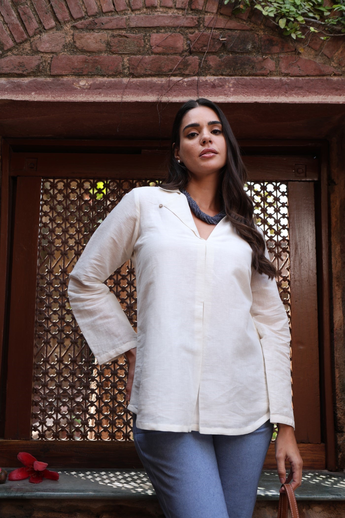 Ivory Handloom Pure Linen-Cotton Collared Short Tunic