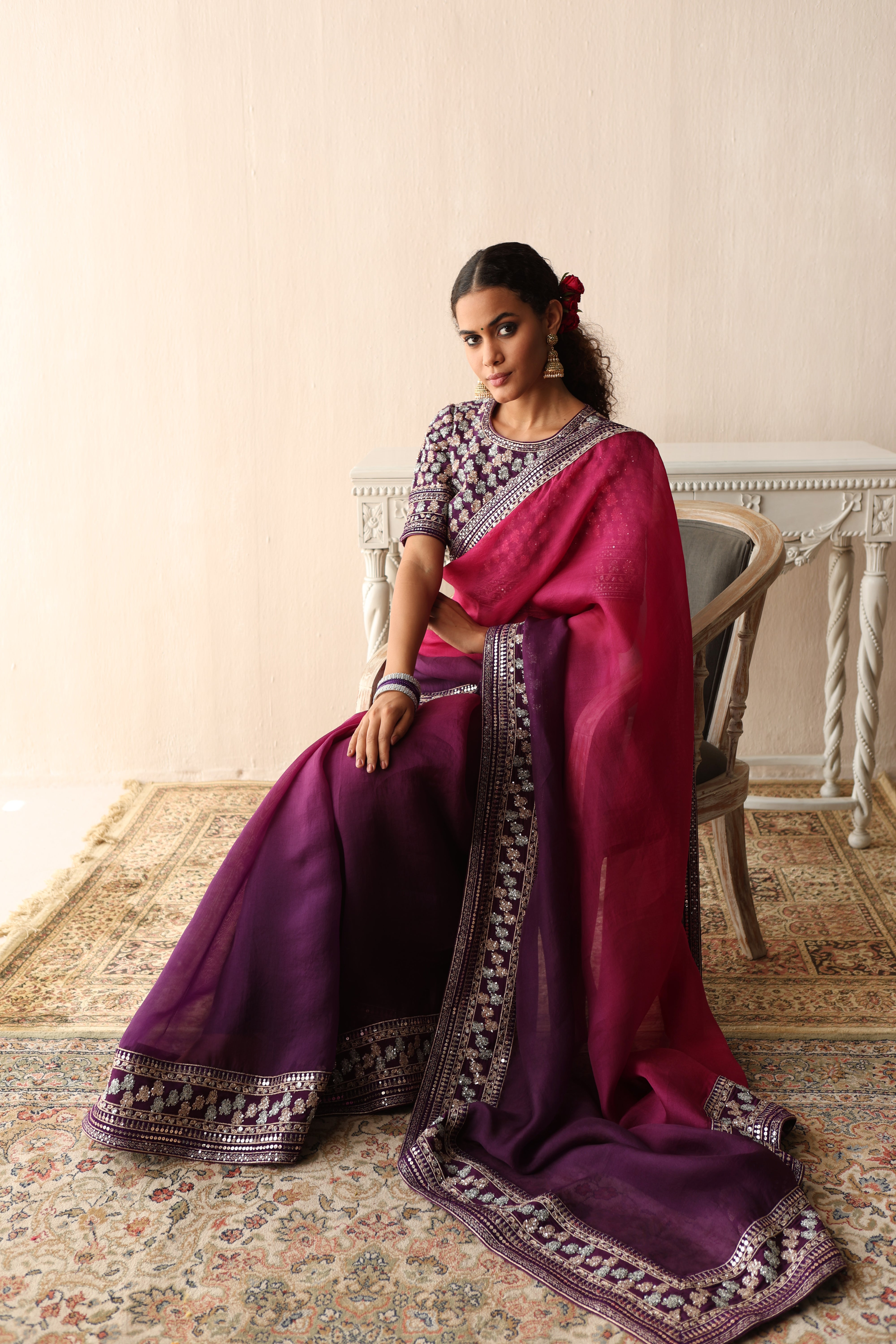 Majenta-Purple Ombre Dyed Hand-Embroidered Pure Silk-Organza Saree With Pure Crepe Blouse Set