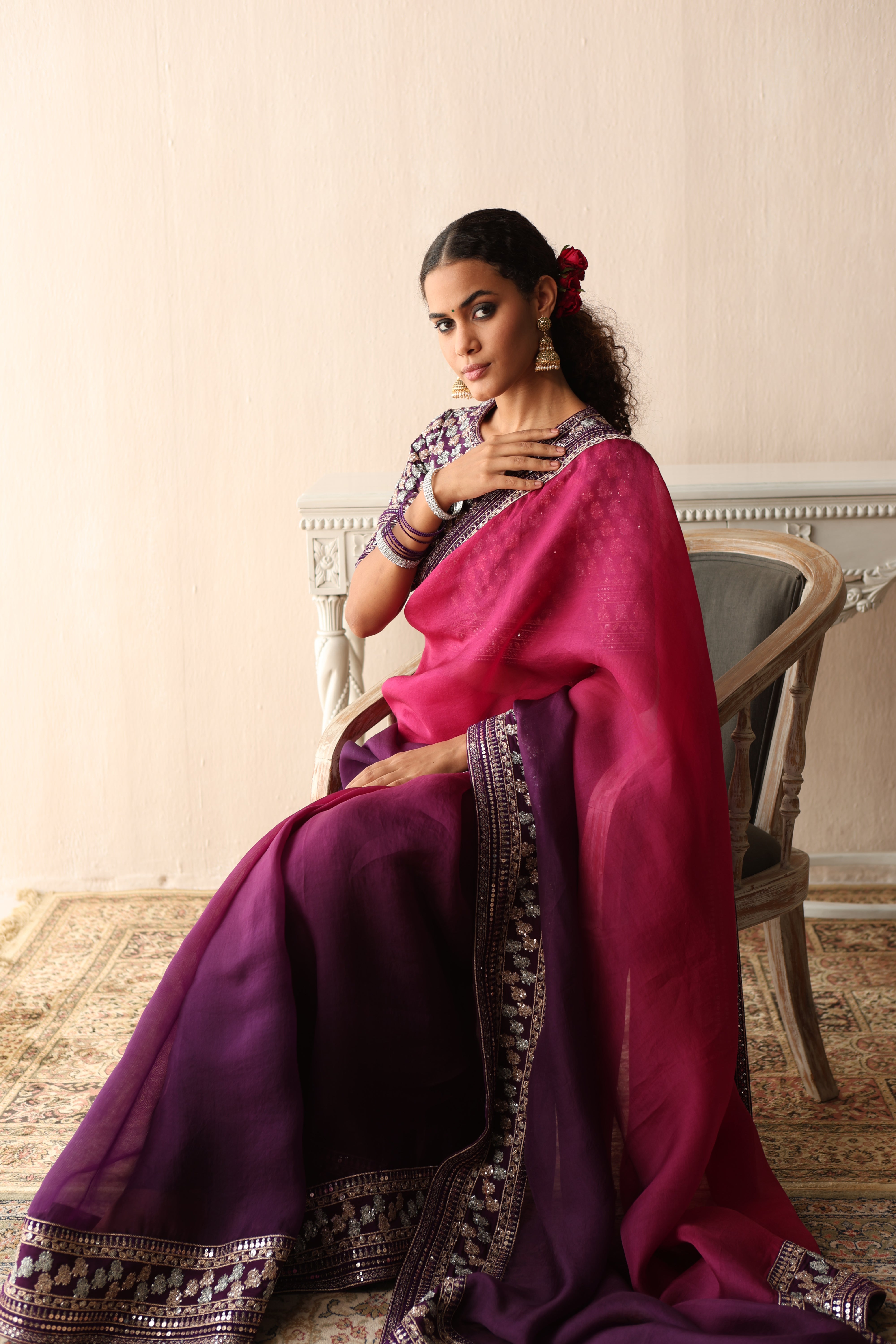 Majenta-Purple Ombre Dyed Hand-Embroidered Pure Silk-Organza Saree With Pure Crepe Blouse Set