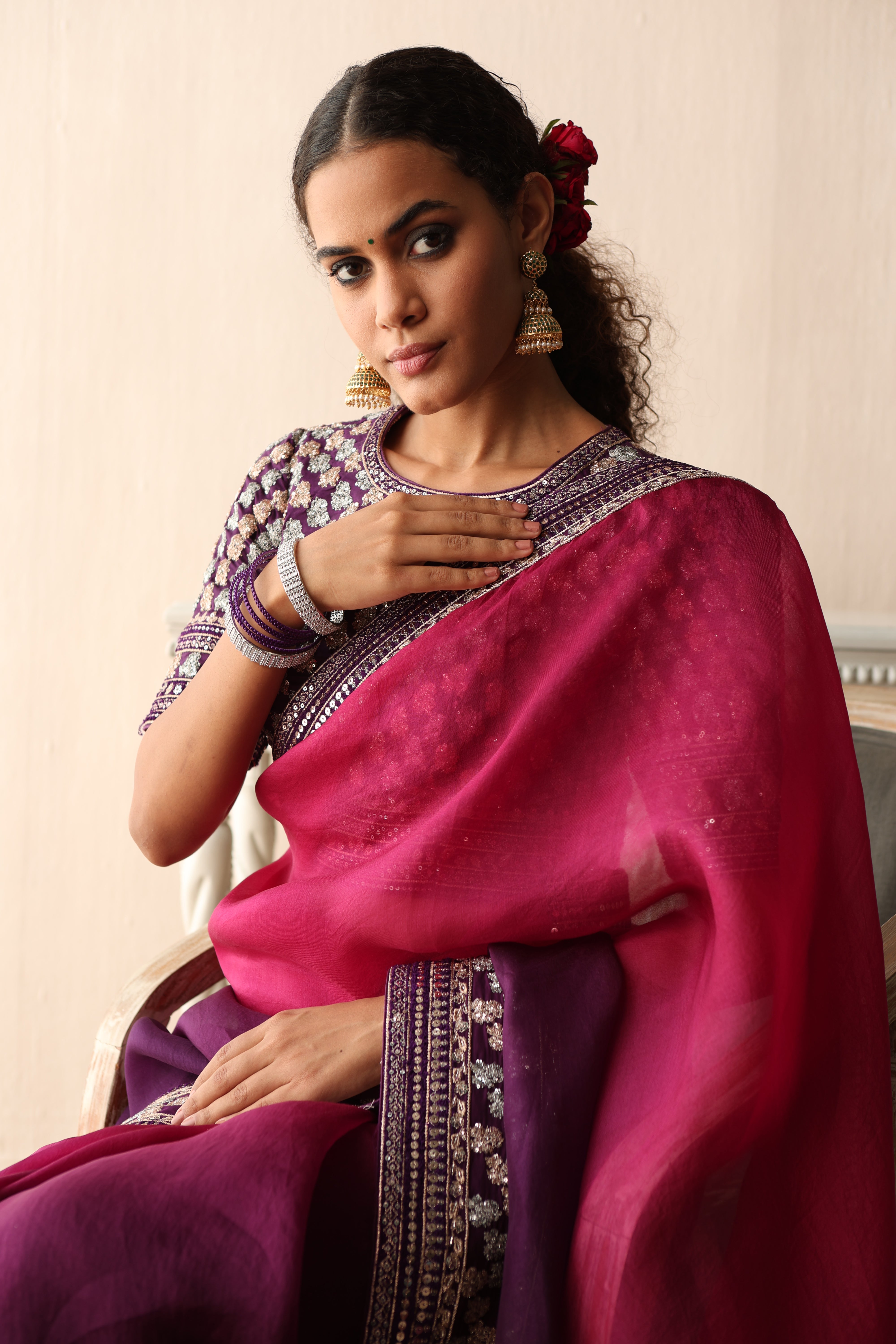 Majenta-Purple Ombre Dyed Hand-Embroidered Pure Silk-Organza Saree With Pure Crepe Blouse Set