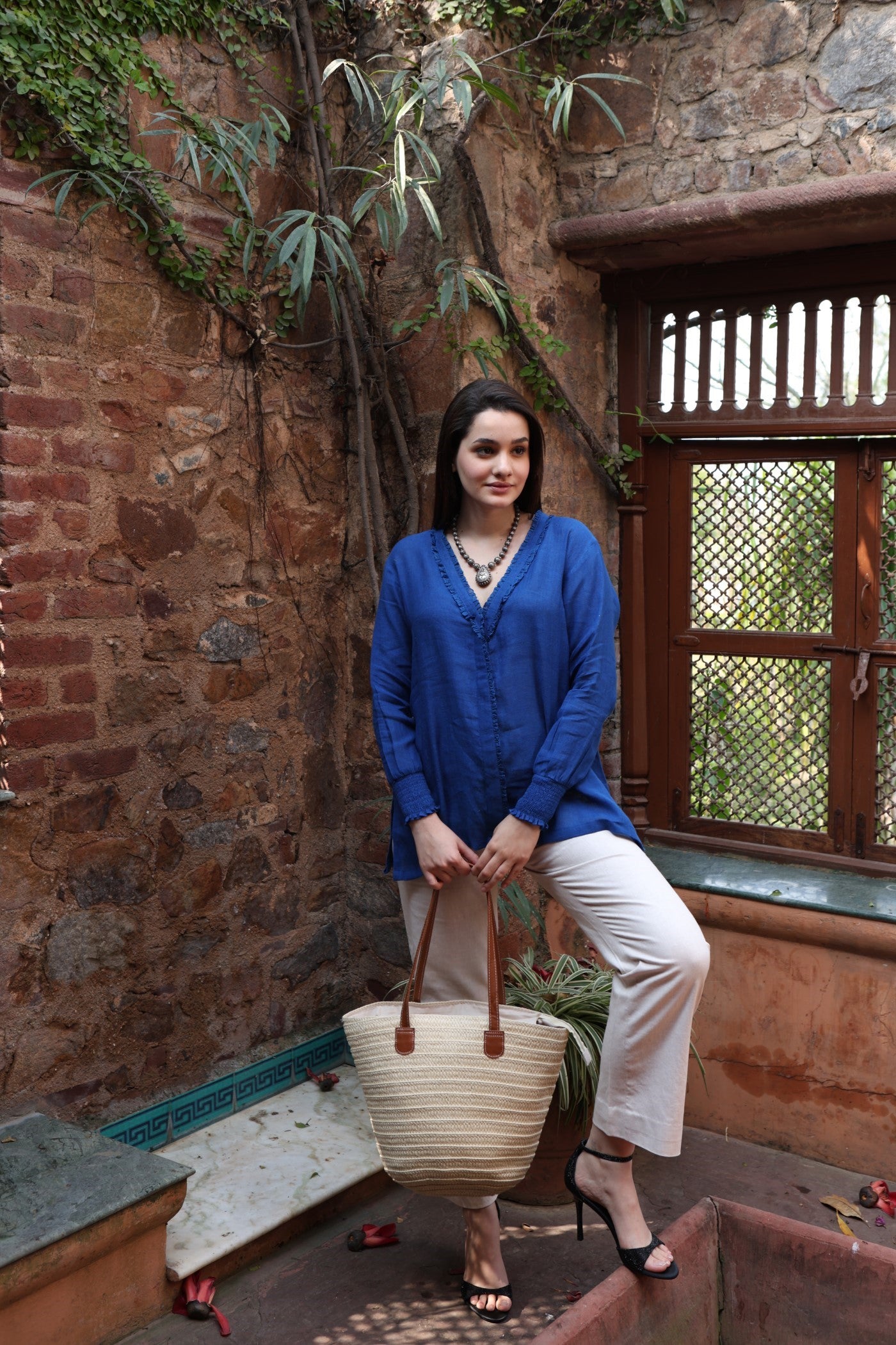 Royal-Blue Pure Linen Front-Open Short Blouse With Frilled Nekline & Smocked Cuffs