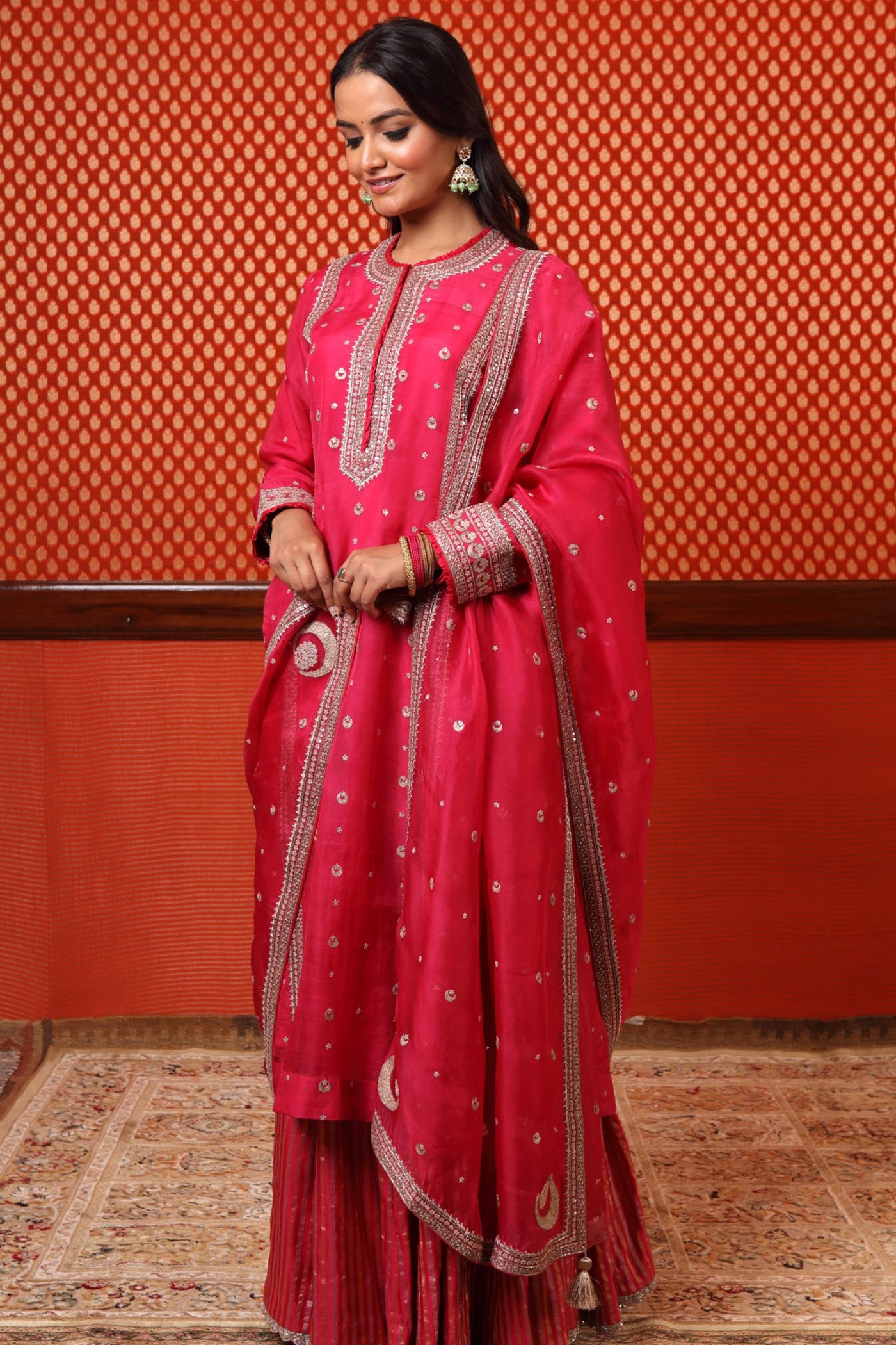 Hand Embroidered Bright Rani Pink Pure Katan Silk Chand Buta Kurta Sharara Set