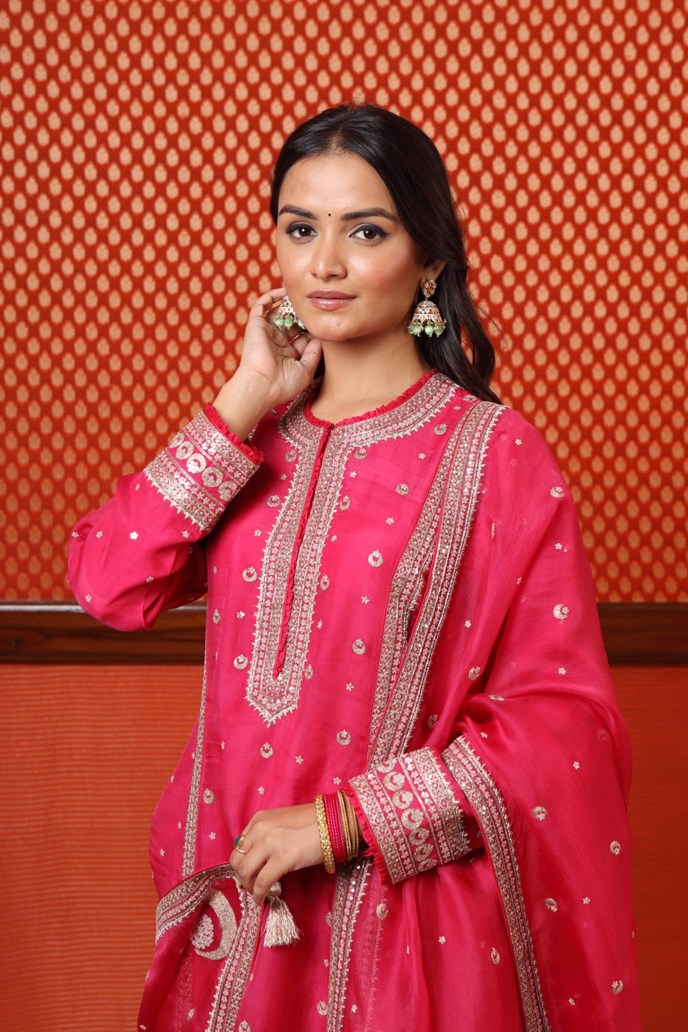 Hand Embroidered Bright Rani Pink Pure Katan Silk Chand Buta Kurta Sharara Set