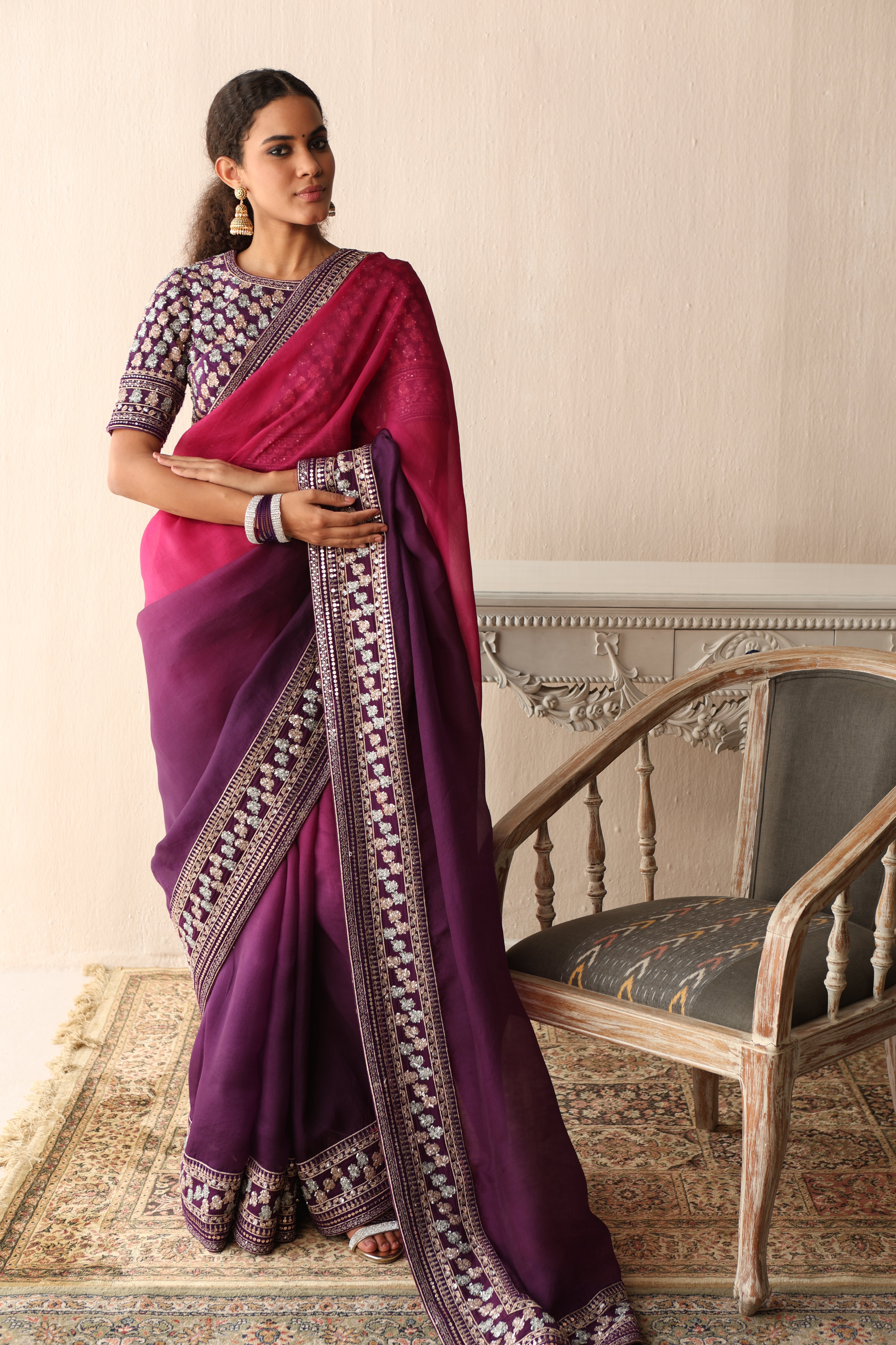 Majenta-Purple Ombre Dyed Hand-Embroidered Pure Silk-Organza Saree With Pure Crepe Blouse Set