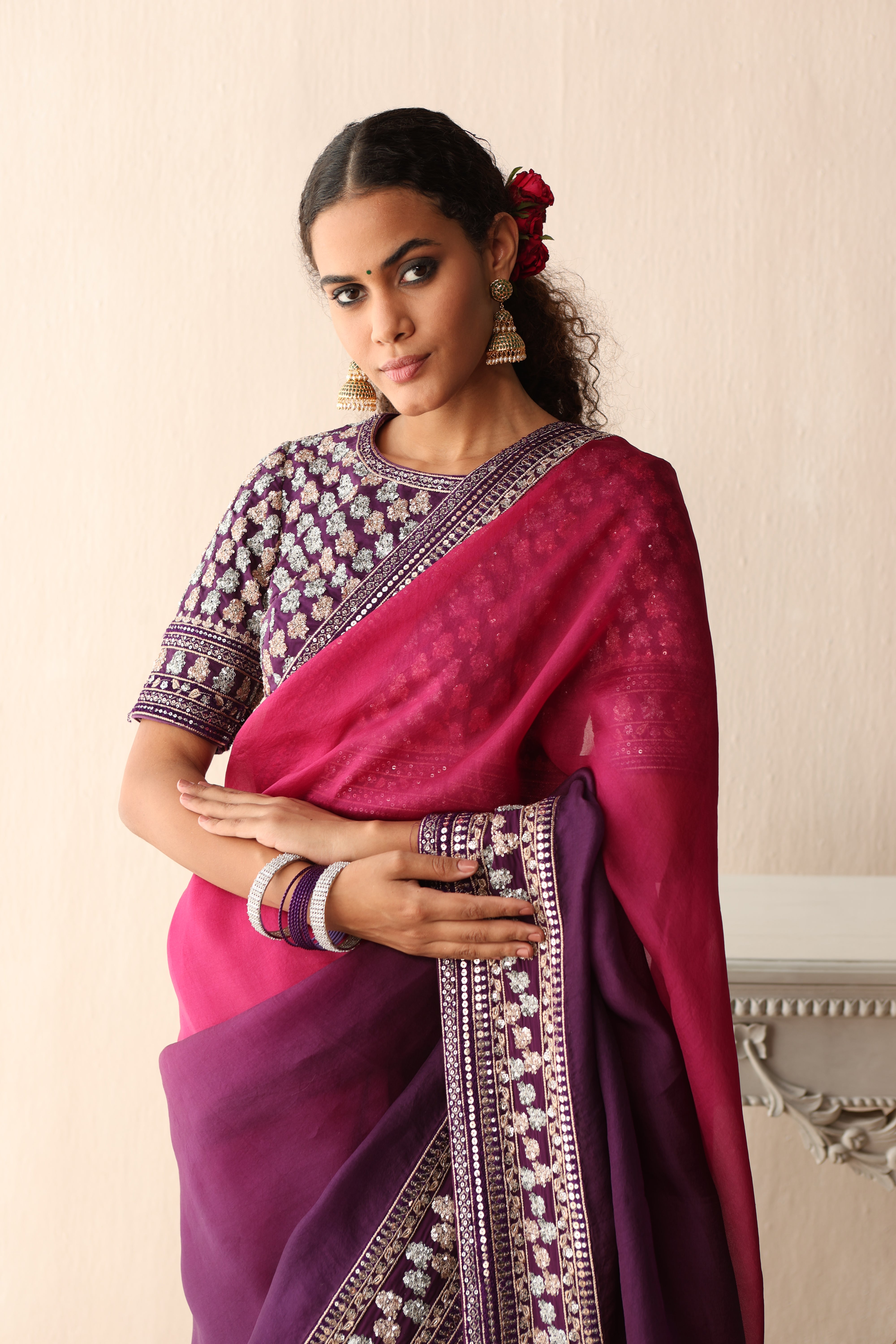 Majenta-Purple Ombre Dyed Hand-Embroidered Pure Silk-Organza Saree With Pure Crepe Blouse Set