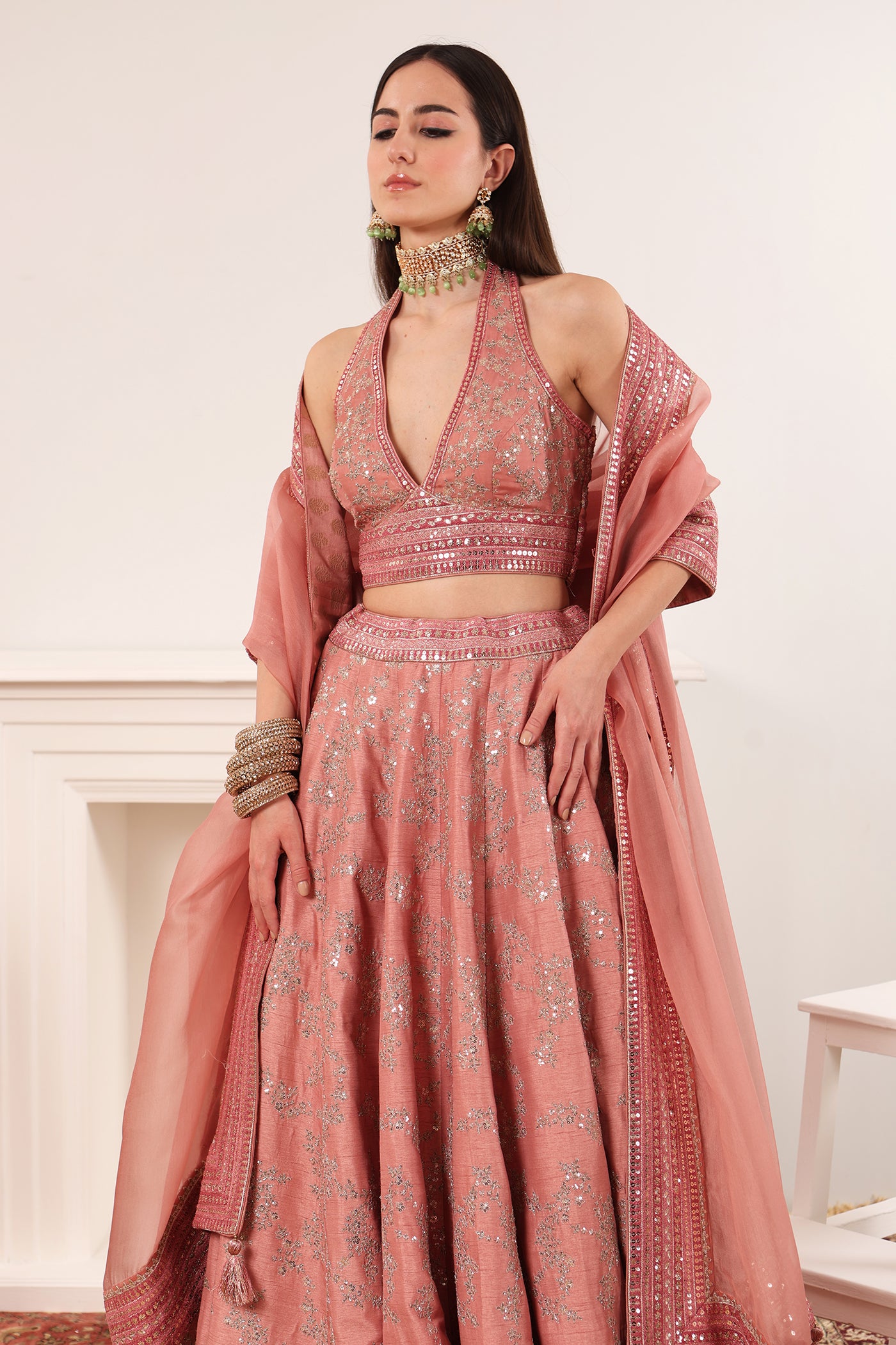 Dusty-Pink Embroidered Raw-Silk Lehenga- Set With Pure Crepe-Silk Blouse & Pure Silk- Organza Dupatta
