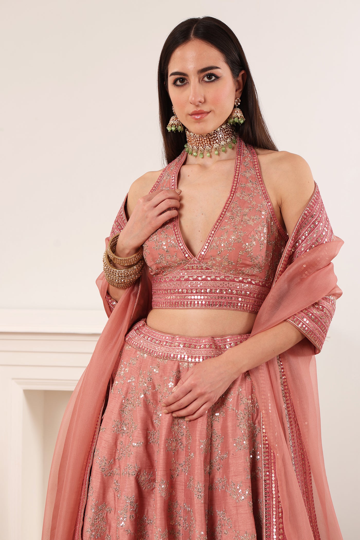 Priya Banerjee in Dusty-Pink Embroidered Raw-Silk Lehenga- Set With Pure Crepe-Silk Blouse & Pure Silk- Organza Dupatta