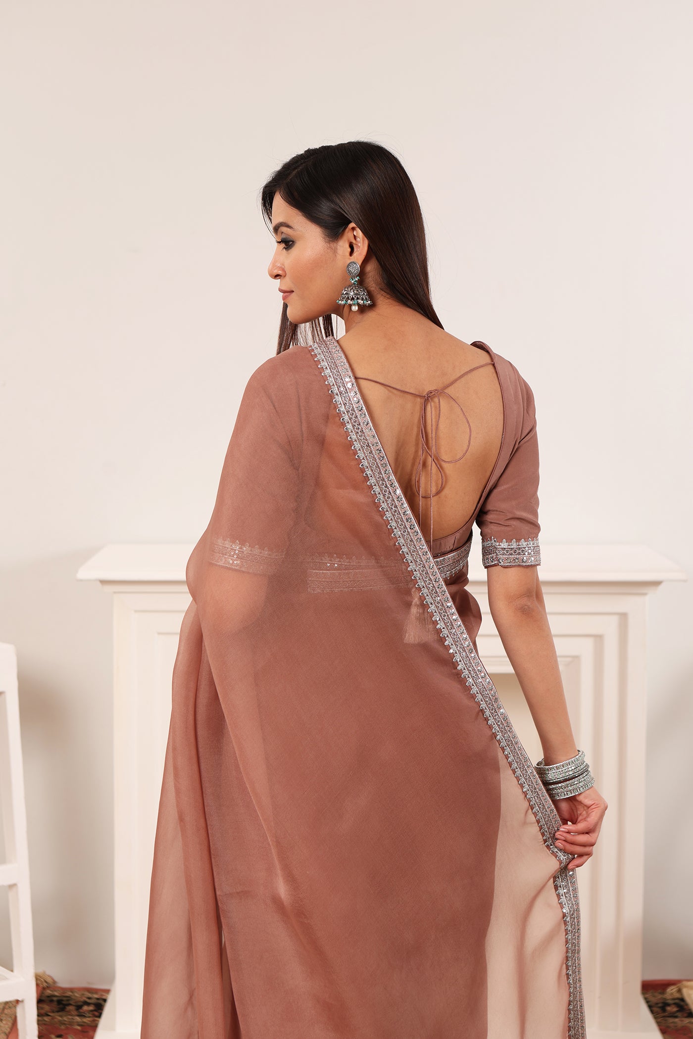 Chocolate-Brown Embroidered Pure Silk-Organza Saree-Blouse Set