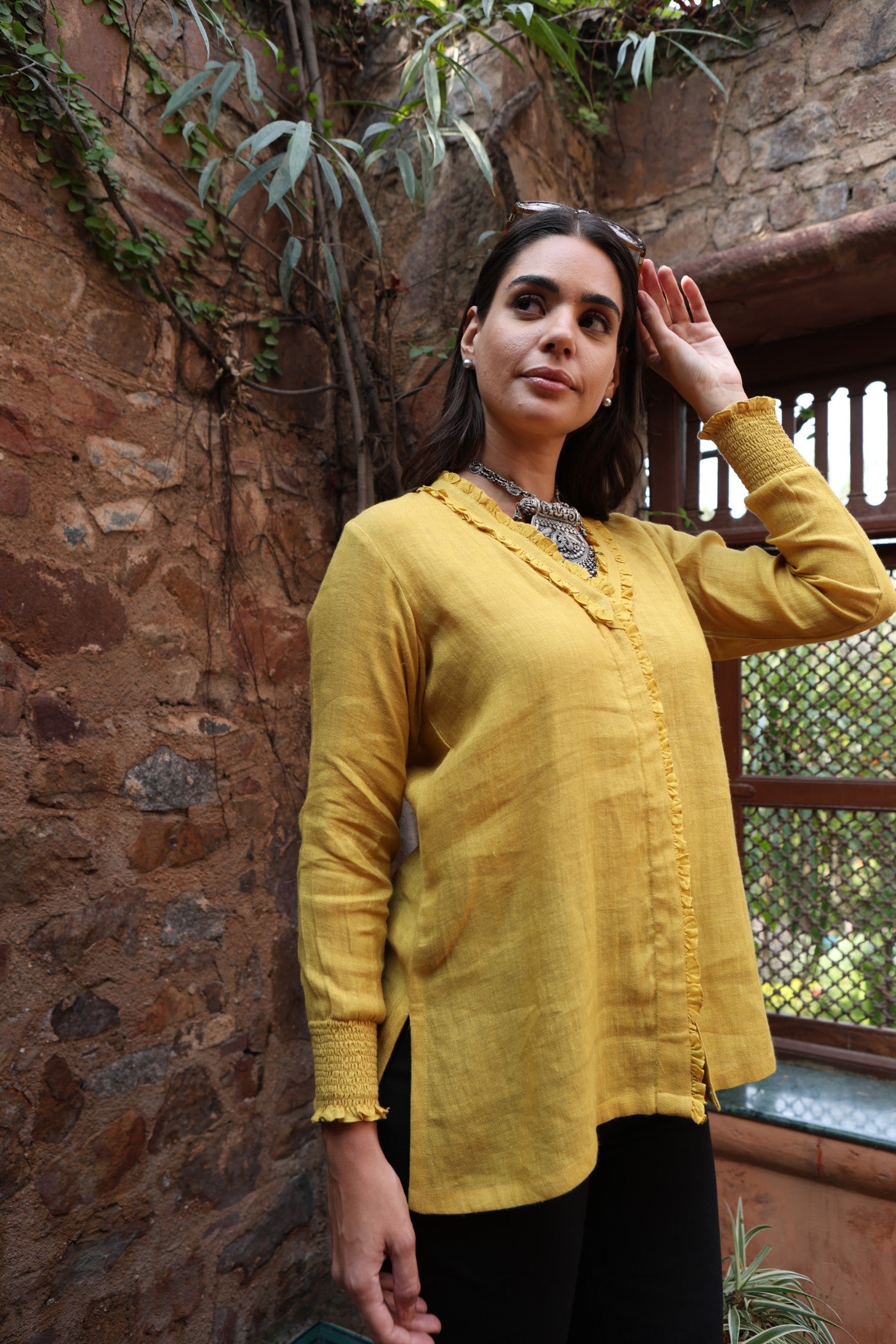 Dusty-Mustard Pure Linen Front-Open Short Blouse With Frilled Nekline & Smocked Cuffs