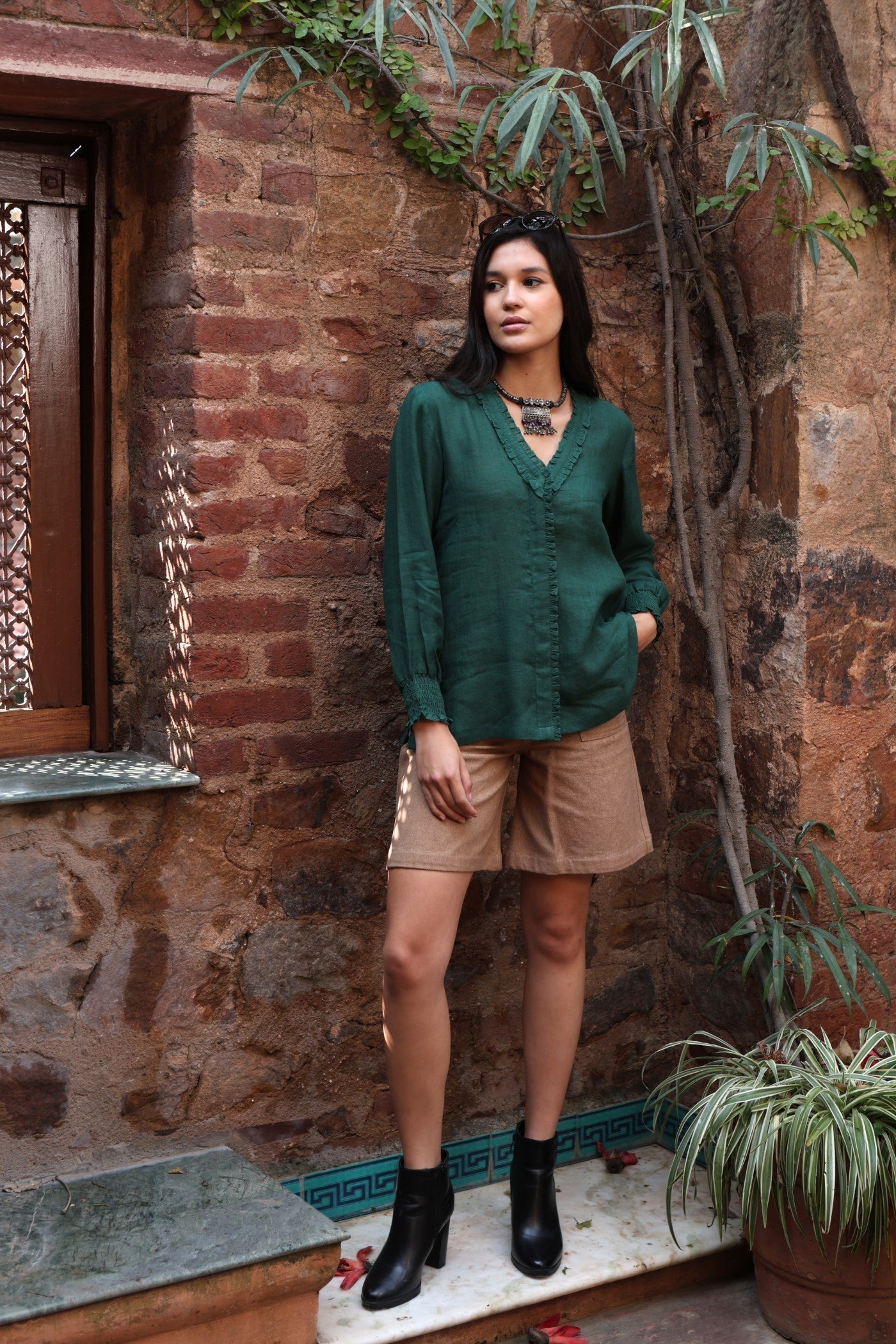 Bottle-Green Pure Linen Front-Open Short Blouse With Frilled Nekline & Smocked Cuffs