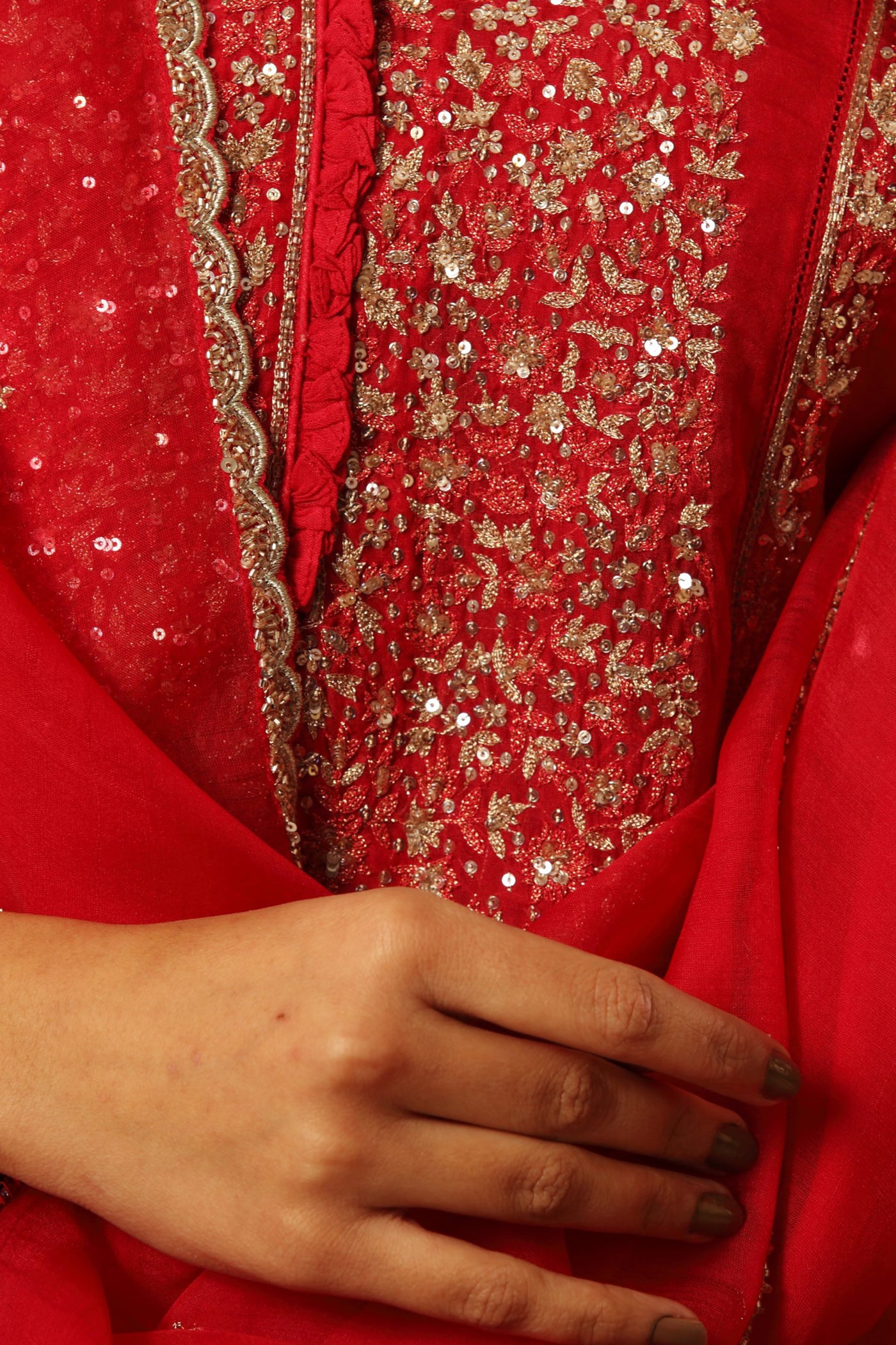 Hand Embroidered Vermillion Red Pure Silk Organza Kurta Pants Set