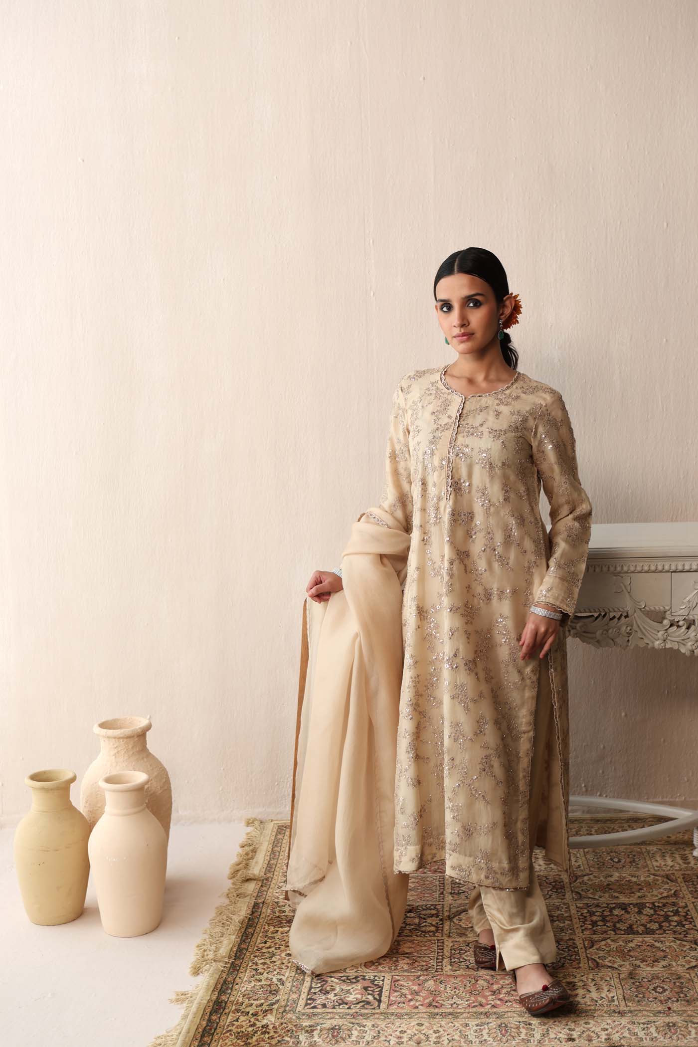 Ivory-Cream Hand-Embroidered Pure Silk-Organza Kurta-Pants Set