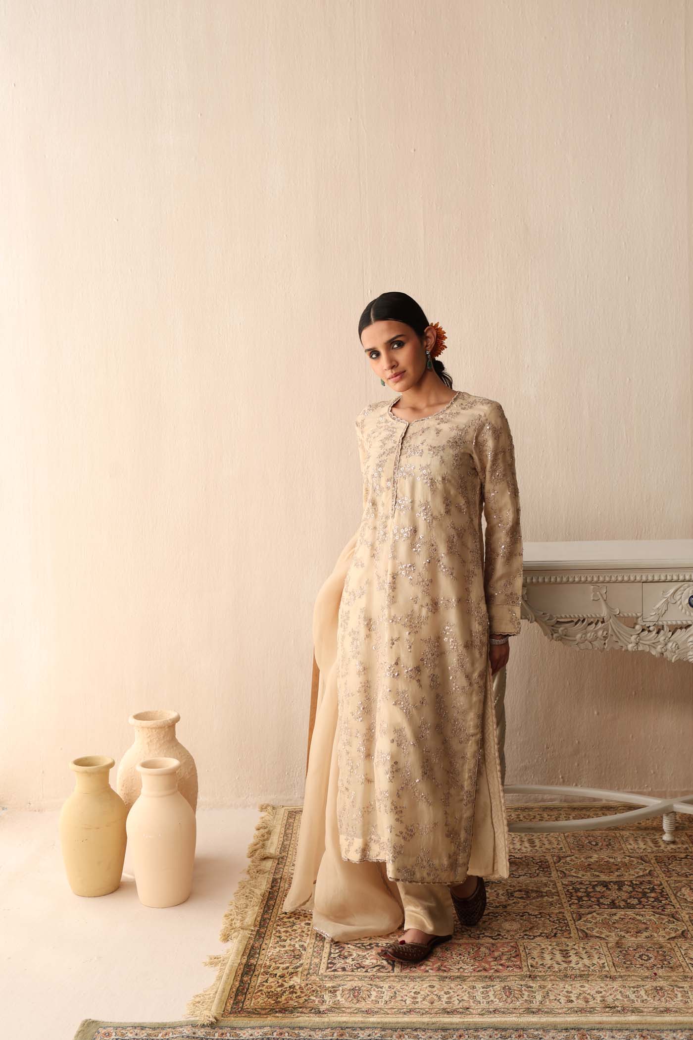 Ivory-Cream Hand-Embroidered Pure Silk-Organza Kurta-Pants Set