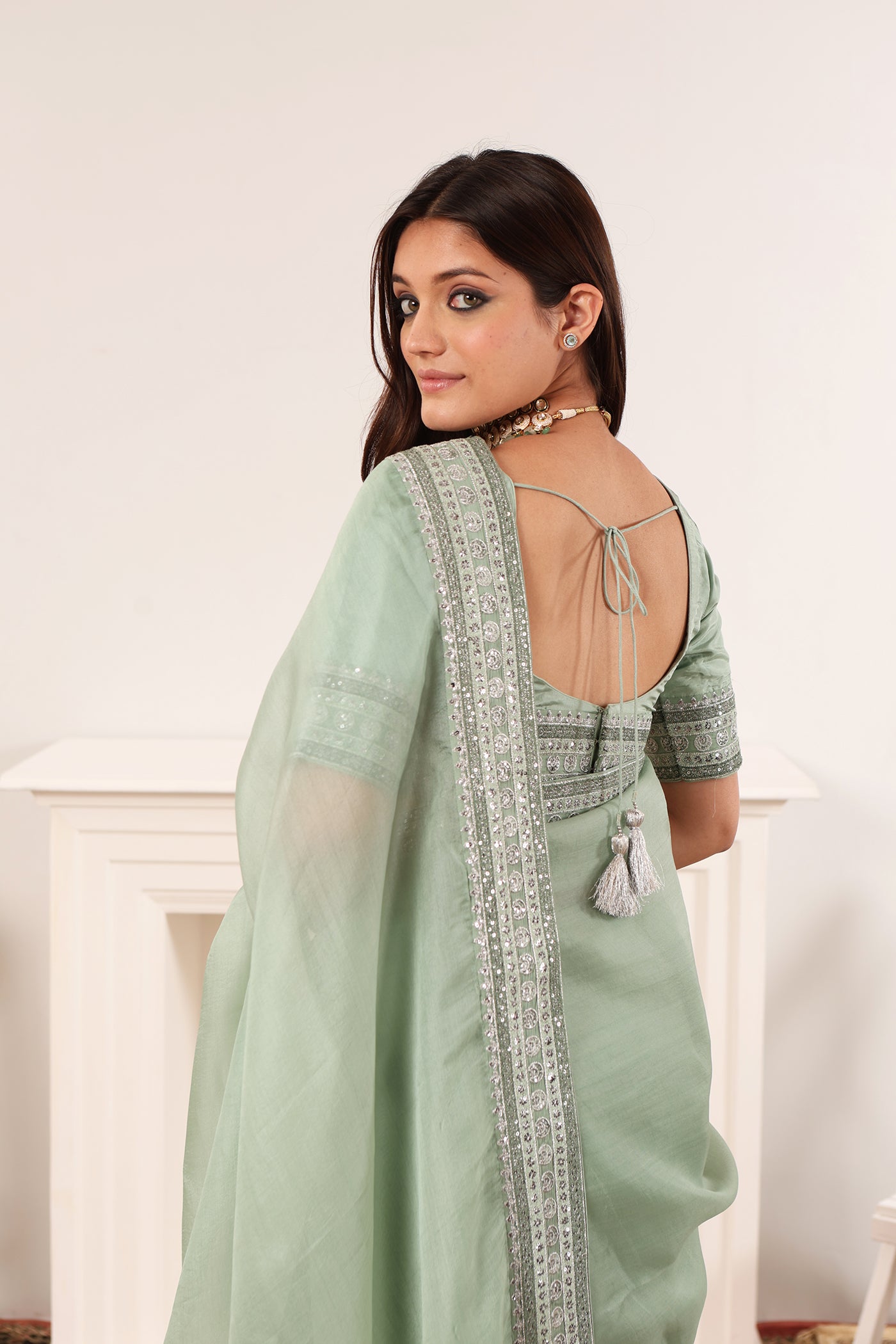 Fern-Green Embroidered Pure Silk-Organza Saree-Blouse Set