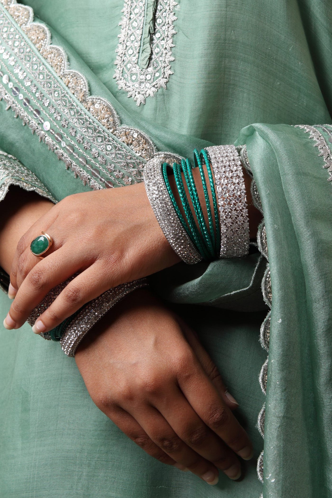 Hand Embroidered Smoke Green Pure Katan Silk Short Kurta Sharara Set