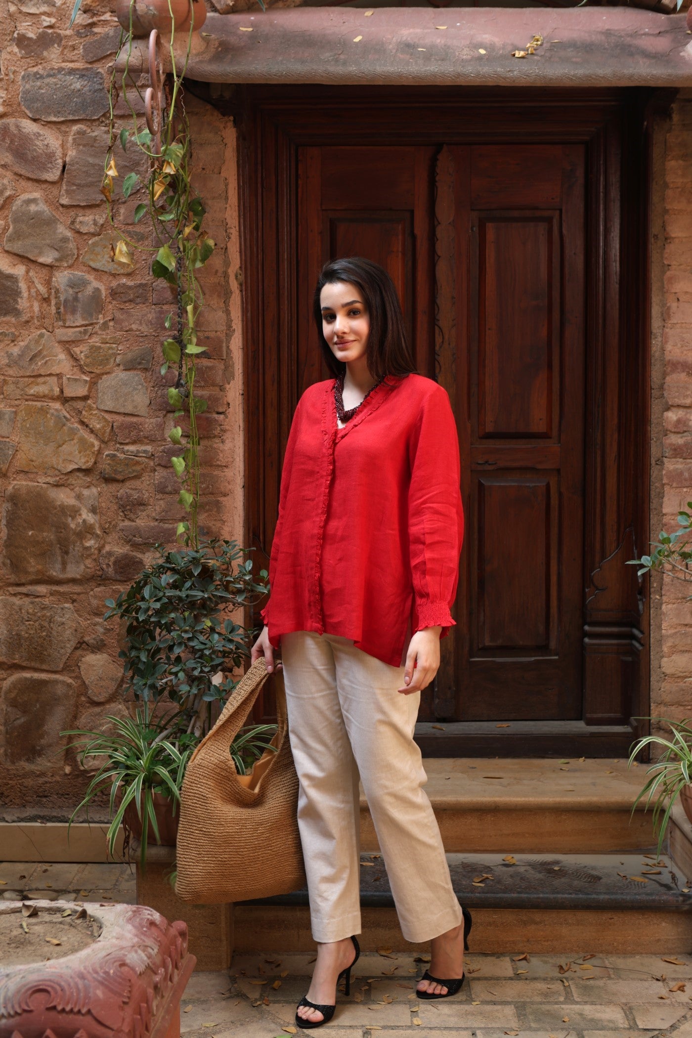 Tomato-Red Pure Linen Front-Open Short Blouse With Frilled Nekline & Smocked Cuffs
