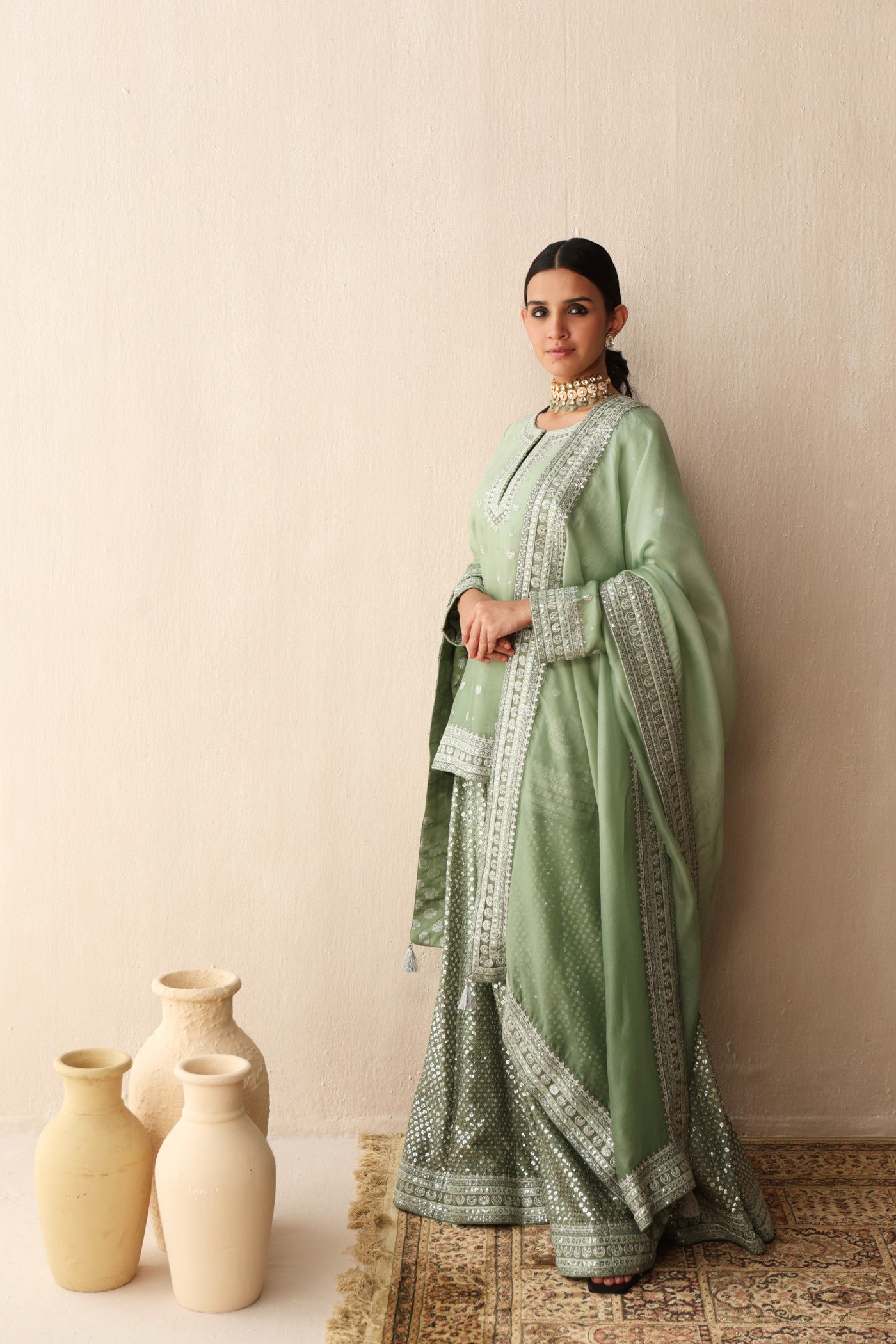 Fern-Green Ombre-Dyed Embroidered Pure Silk-Organza Short-Kurta-Sharara Set