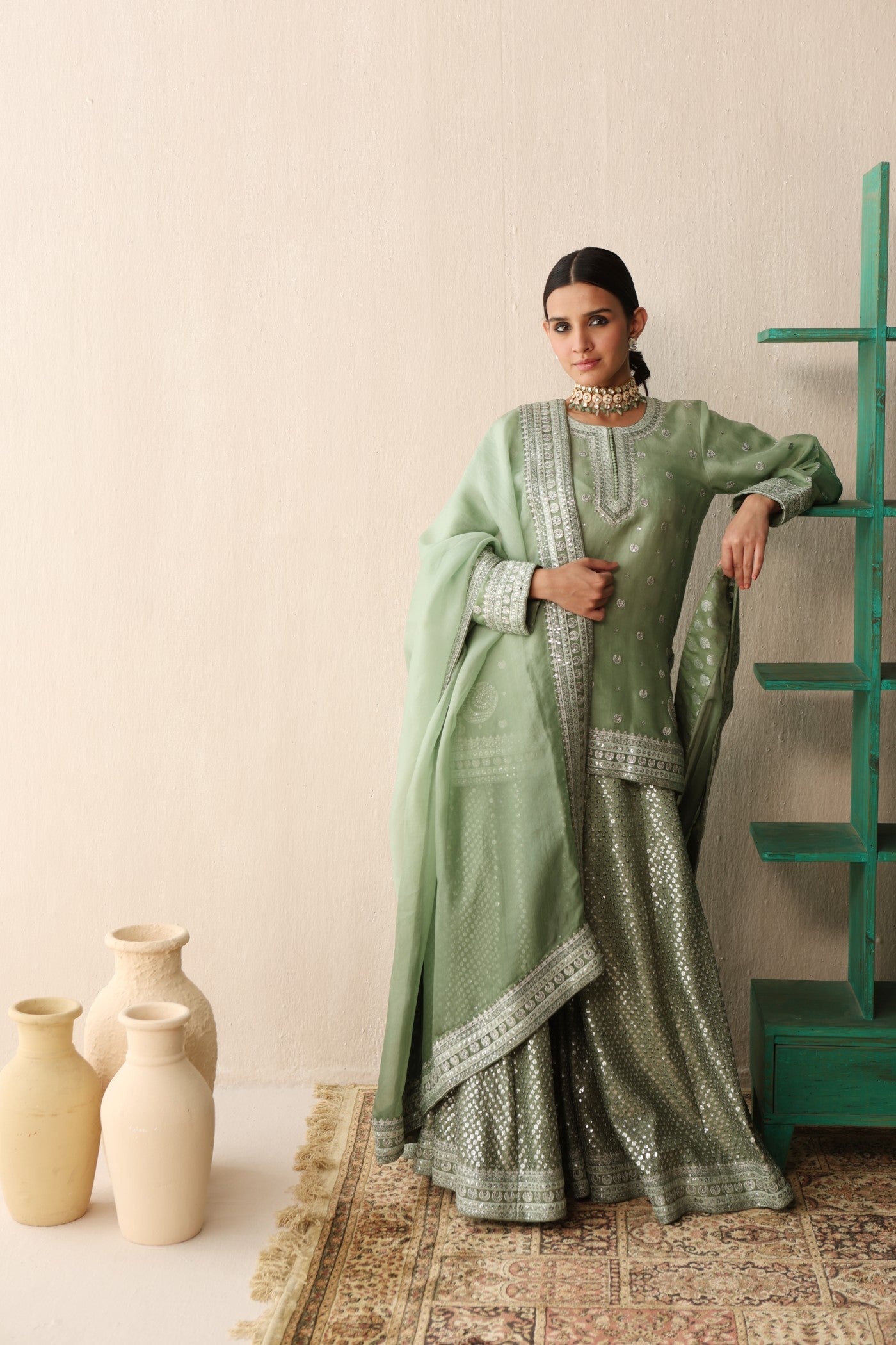 Fern-Green Ombre-Dyed Embroidered Pure Silk-Organza Short-Kurta-Sharara Set